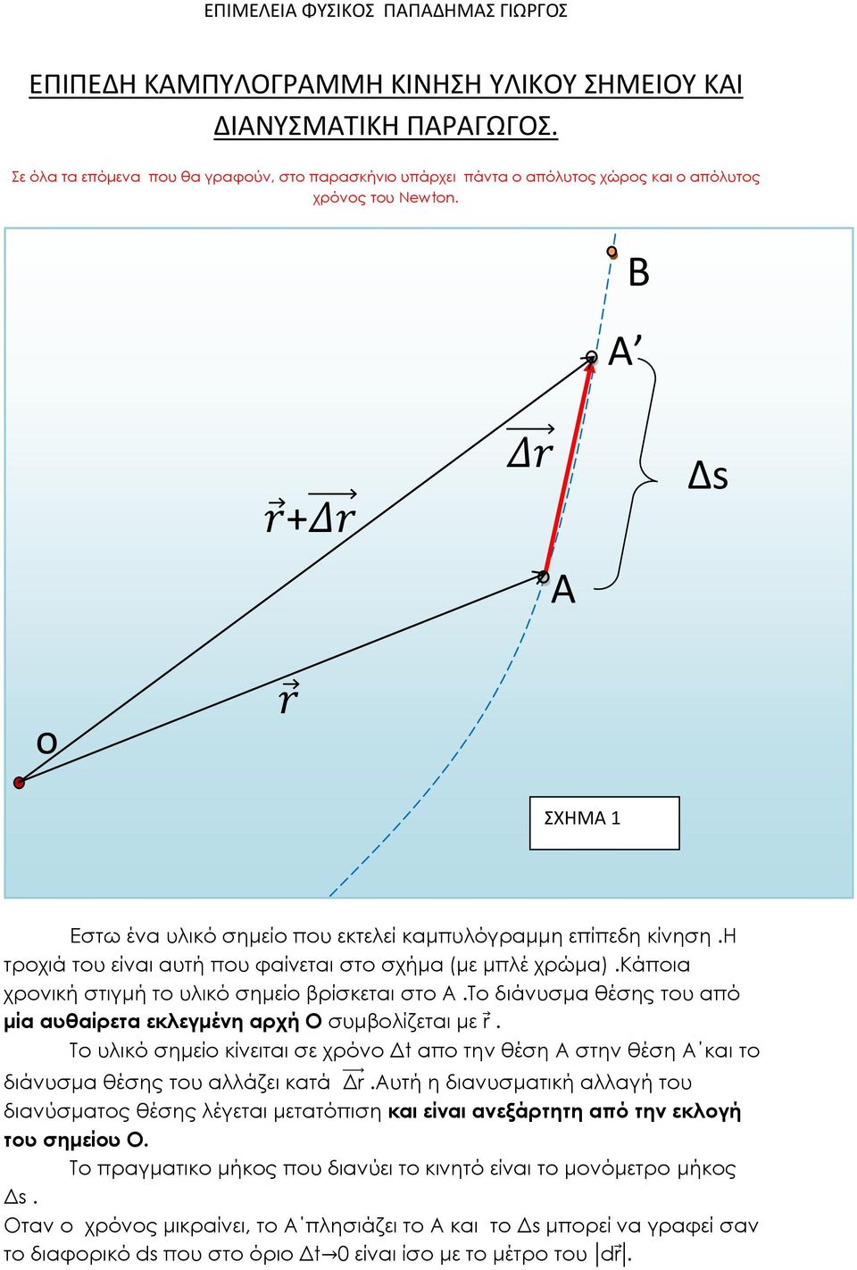 κάποια χρονική στιγμή το υλικό σημείο βρίσκεται στο Α.Το διάνυσμα έσης του από μία αυαίρετα εκλεγμένη αρχή Ο συμβολίζεται με.