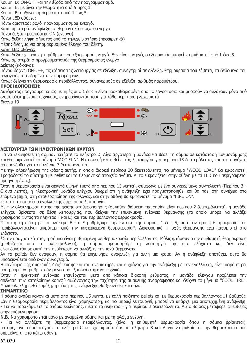 Κάτω αριστερά: ανάφλεξη µε θερµαντικό στοιχείο ενεργό Πάνω δεξιά: τροφοδότης ON (ενεργό) Κάτω δεξιά: λήψη σήµατος από το τηλεχειριστήριο (προαιρετικό) Μέση: άνοιγµα για αποµακρυσµένο έλεγχο του δέκτη.