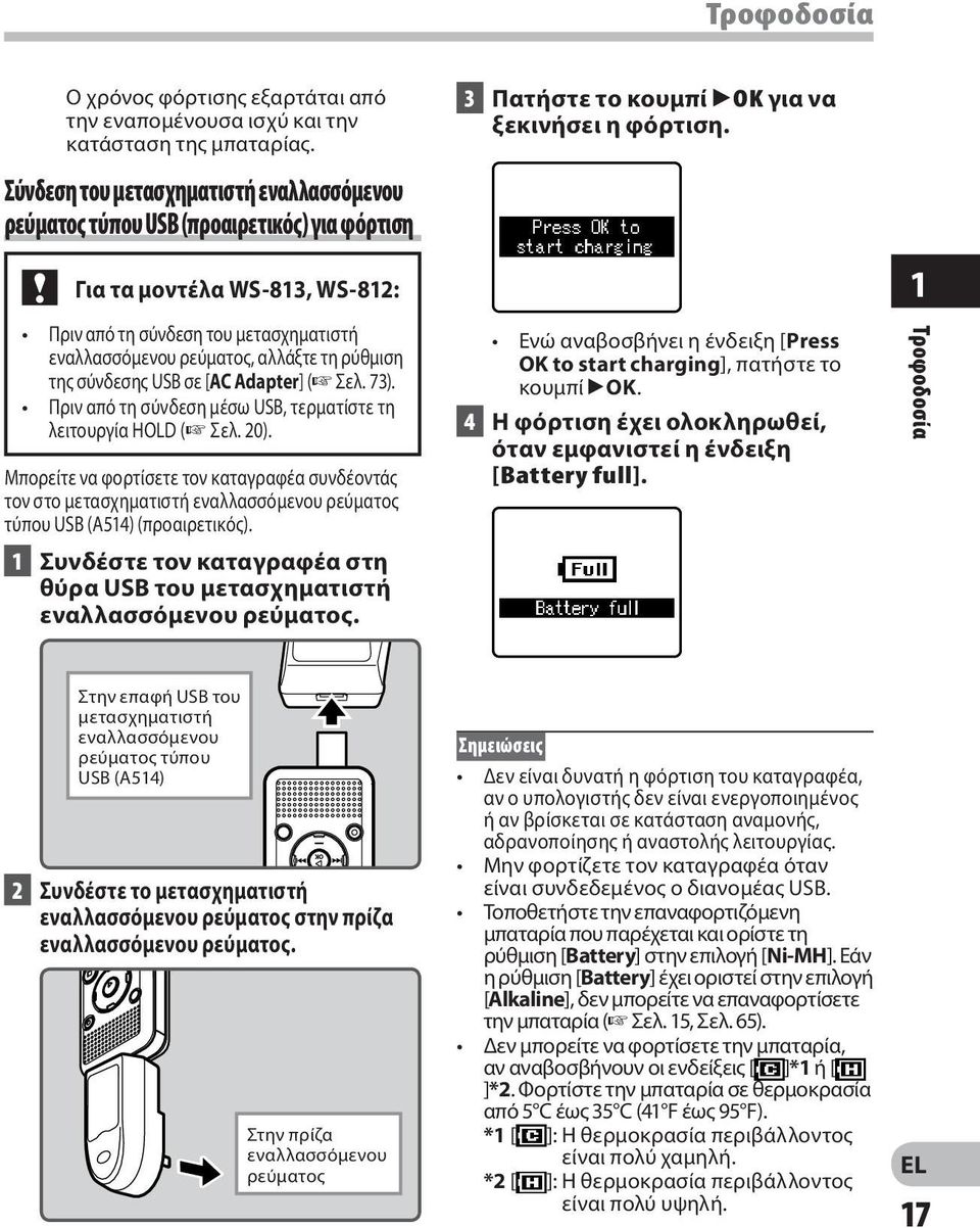 ρύθμιση της σύνδεσης USB σε [AC Adapter] ( Σελ. 73). Πριν από τη σύνδεση μέσω USB, τερματίστε τη λειτουργία HOLD ( Σελ. 20).