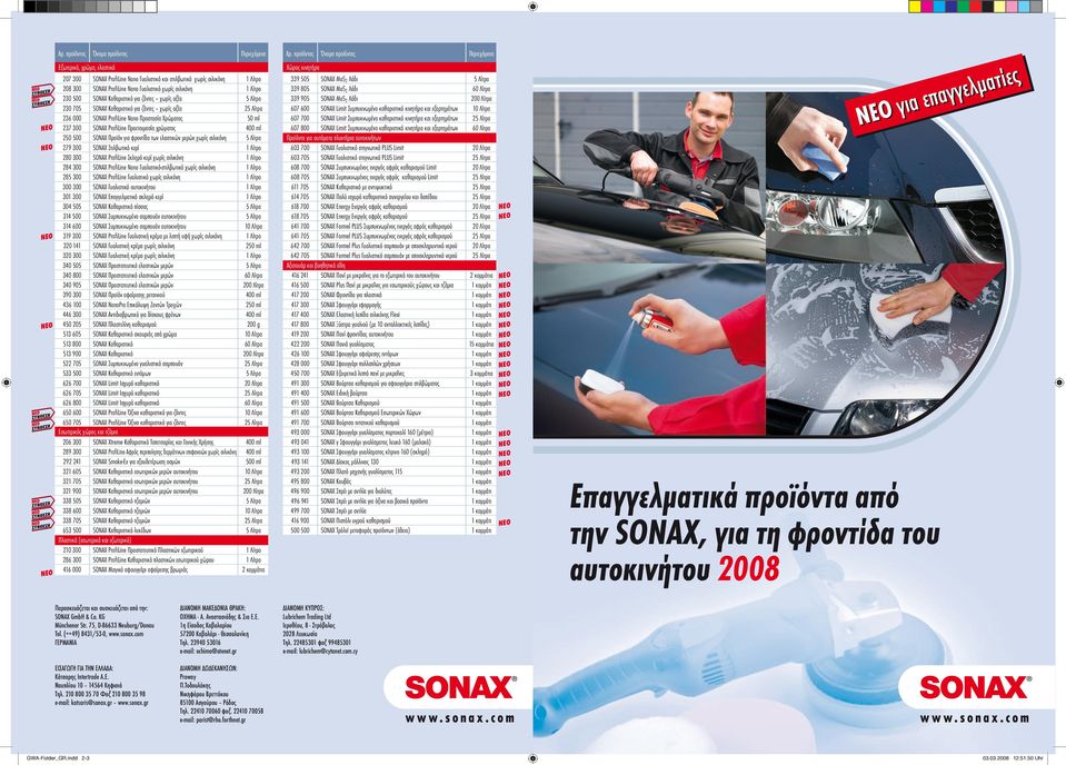 Προστασία Χρώματος 50 ml 237 300 SONAX ProfiLine Προετοιμασία χρώματος 400 ml 250 500 SONAX Προϊόν για φροντίδα των ελαστικών μερών χωρίς σιλικόνη 5 Λίτρα 279 300 SONAX Στιλβωτικό κερί Λίτρο 280 300