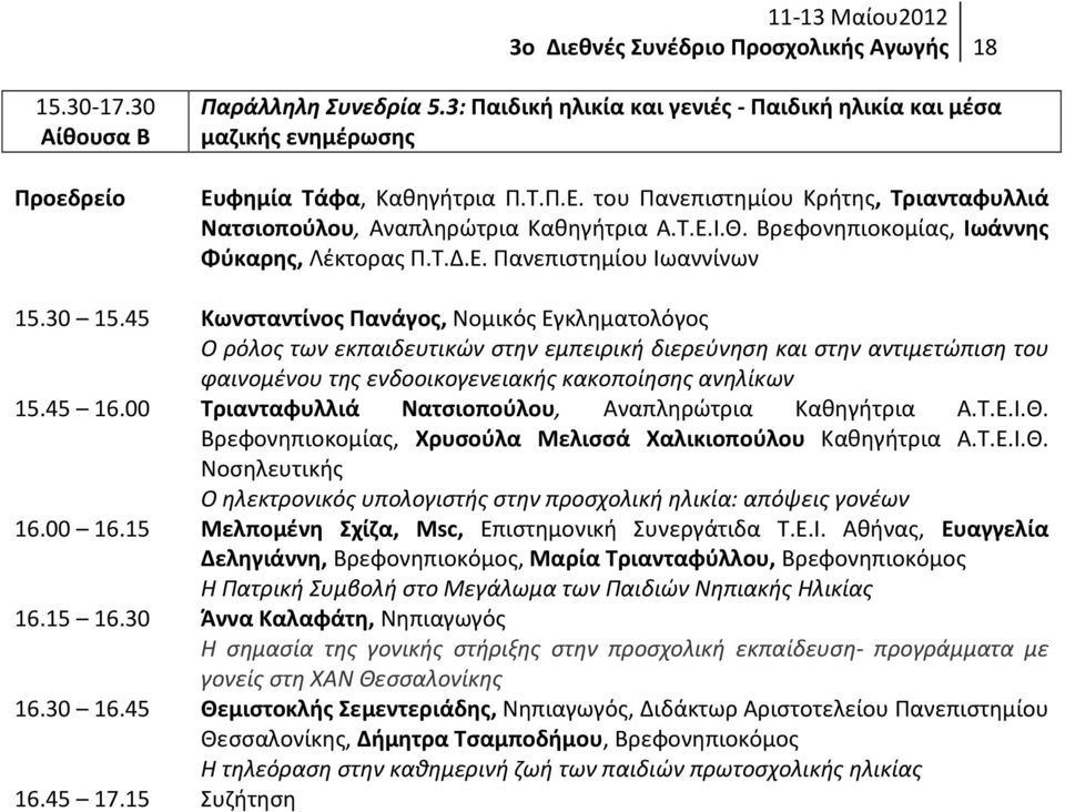 30 15.45 Κωνσταντίνος Πανάγος, Νομικός Εγκληματολόγος Ο ρόλος των εκπαιδευτικών στην εμπειρική διερεύνηση και στην αντιμετώπιση του φαινομένου της ενδοοικογενειακής κακοποίησης ανηλίκων 15.45 16.