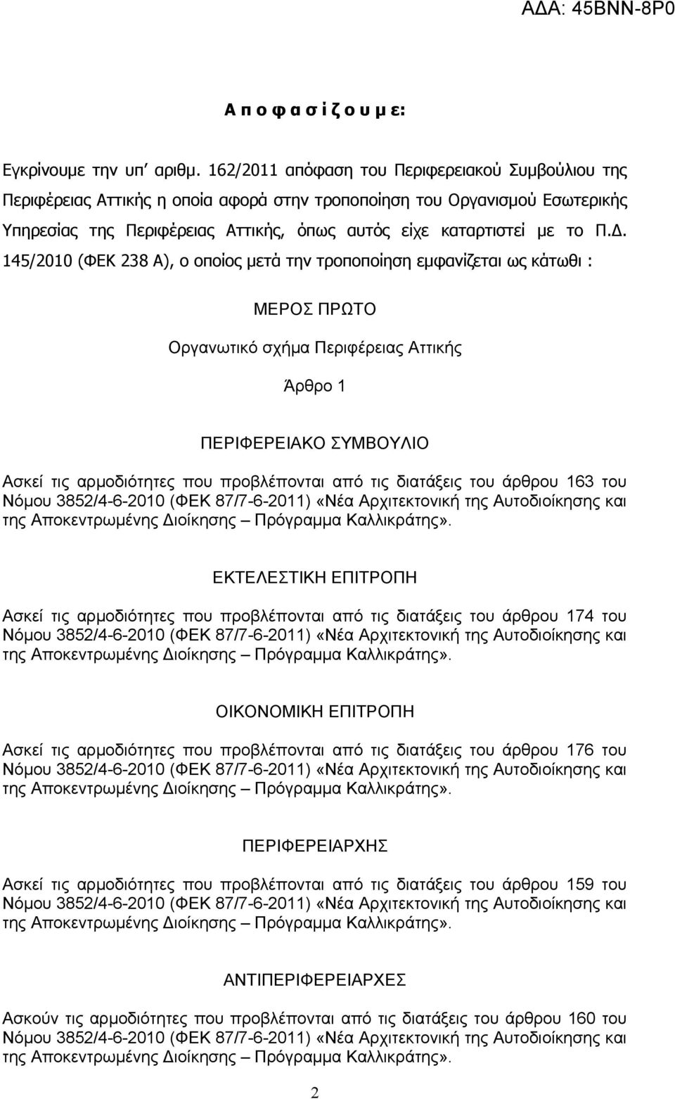 145/2010 (ΦΕΚ 238 Α), ο οποίος μετά την τροποποίηση εμφανίζεται ως κάτωθι : ΜΕΡΟΣ ΠΡΩΤΟ Οργανωτικό σχήμα Περιφέρειας Αττικής Άρθρο 1 ΠΕΡΙΦΕΡΕΙΑΚΟ ΣΥΜΒΟΥΛΙΟ Ασκεί τις αρμοδιότητες που προβλέπονται από