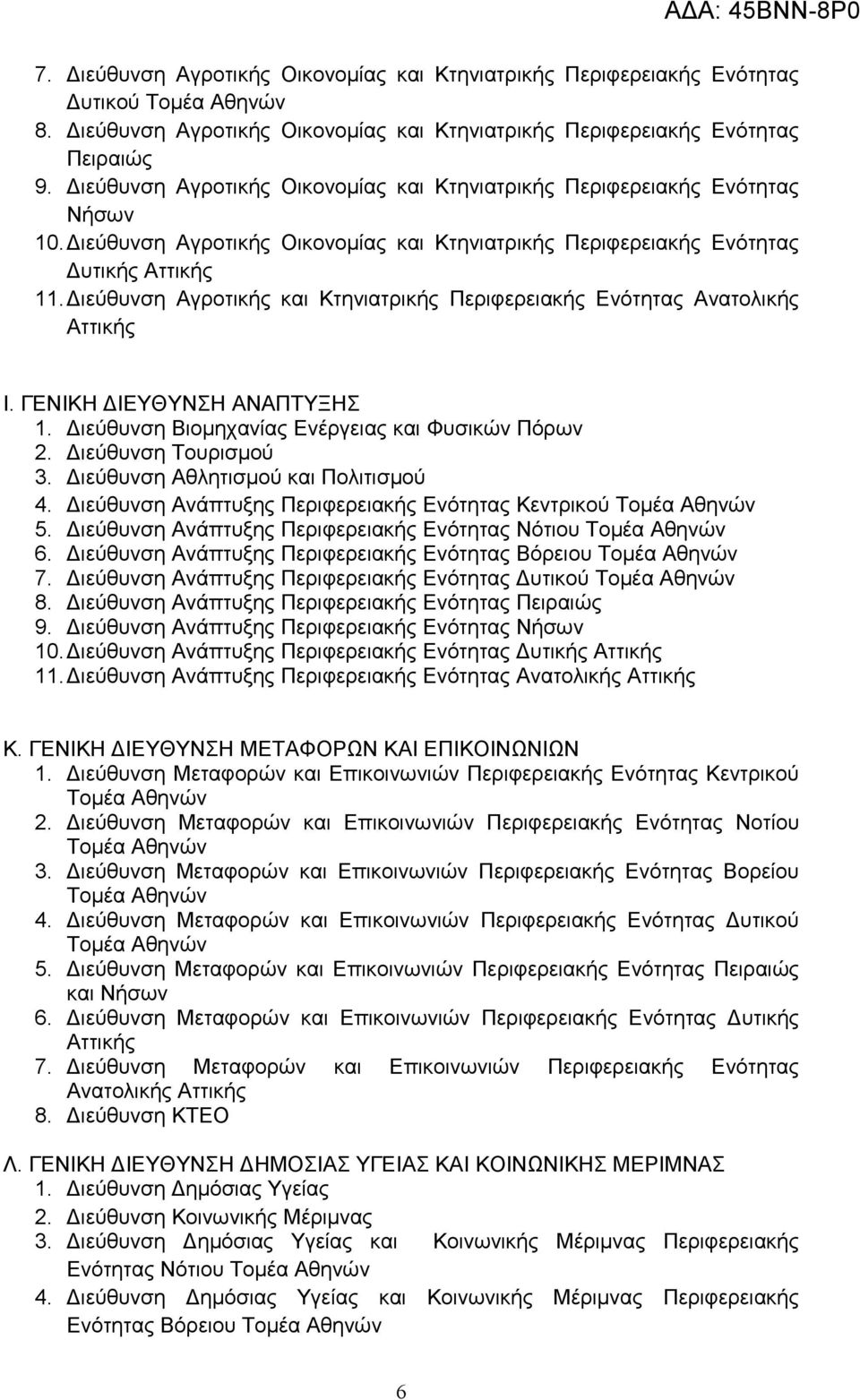 Διεύθυνση Αγροτικής και Κτηνιατρικής Περιφερειακής Ενότητας Ανατολικής Αττικής Ι. ΓΕΝΙΚΗ ΔΙΕΥΘΥΝΣΗ ΑΝΑΠΤΥΞΗΣ 1. Διεύθυνση Βιομηχανίας Ενέργειας και Φυσικών Πόρων 2. Διεύθυνση Τουρισμού 3.