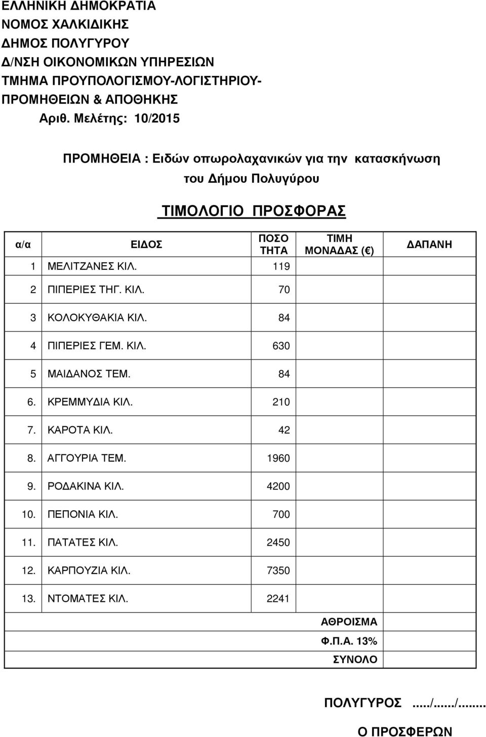 119 2 ΠΙΠΕΡΙΕΣ ΤΗΓ. ΚΙΛ. 70 ΤΙΜΗ ΜΟΝΑ ΑΣ ( ) ΑΠΑΝΗ 3 ΚΟΛΟΚΥΘΑΚΙΑ ΚΙΛ. 84 4 ΠΙΠΕΡΙΕΣ ΓΕΜ. ΚΙΛ. 630 5 ΜΑΙ ΑΝΟΣ ΤΕΜ. 84 6. ΚΡΕΜΜΥ ΙΑ ΚΙΛ. 210 7. ΚΑΡΟΤΑ ΚΙΛ. 42 8.