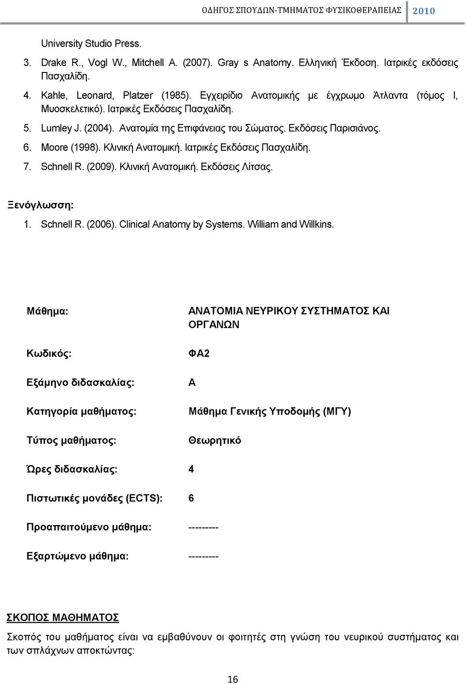 Κλινική Ανατομική. Ιατρικές Εκδόσεις Πασχαλίδη. 7. Schnell R. (2009). Κλινική Ανατομική. Εκδόσεις Λίτσας. Ξενόγλωσση: 1. Schnell R. (2006). Clinical Anatomy by Systems. William and Willkins.