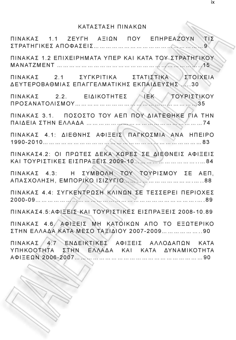 1: ΔΙΕΘΝΗΣ ΑΦΙΞΕΙΣ ΠΑΓΚΟΣΜΙΑ ΑΝΑ ΗΠΕΙΡΟ 1990-2010 83 ΠΙΝΑΚΑΣ4.2: ΟΙ ΠΡΩΤΕΣ ΔΕΚΑ ΧΩΡΕΣ ΣΕ ΔΙΕΘΝΕΙΣ ΑΦΙΞΕΙΣ ΚΑΙ ΤΟΥΡΙΣΤΙΚΕΣ ΕΙΣΠΡΑΞΕΙΣ 2009-10.. 84 ΠΙΝΑΚΑΣ 4.