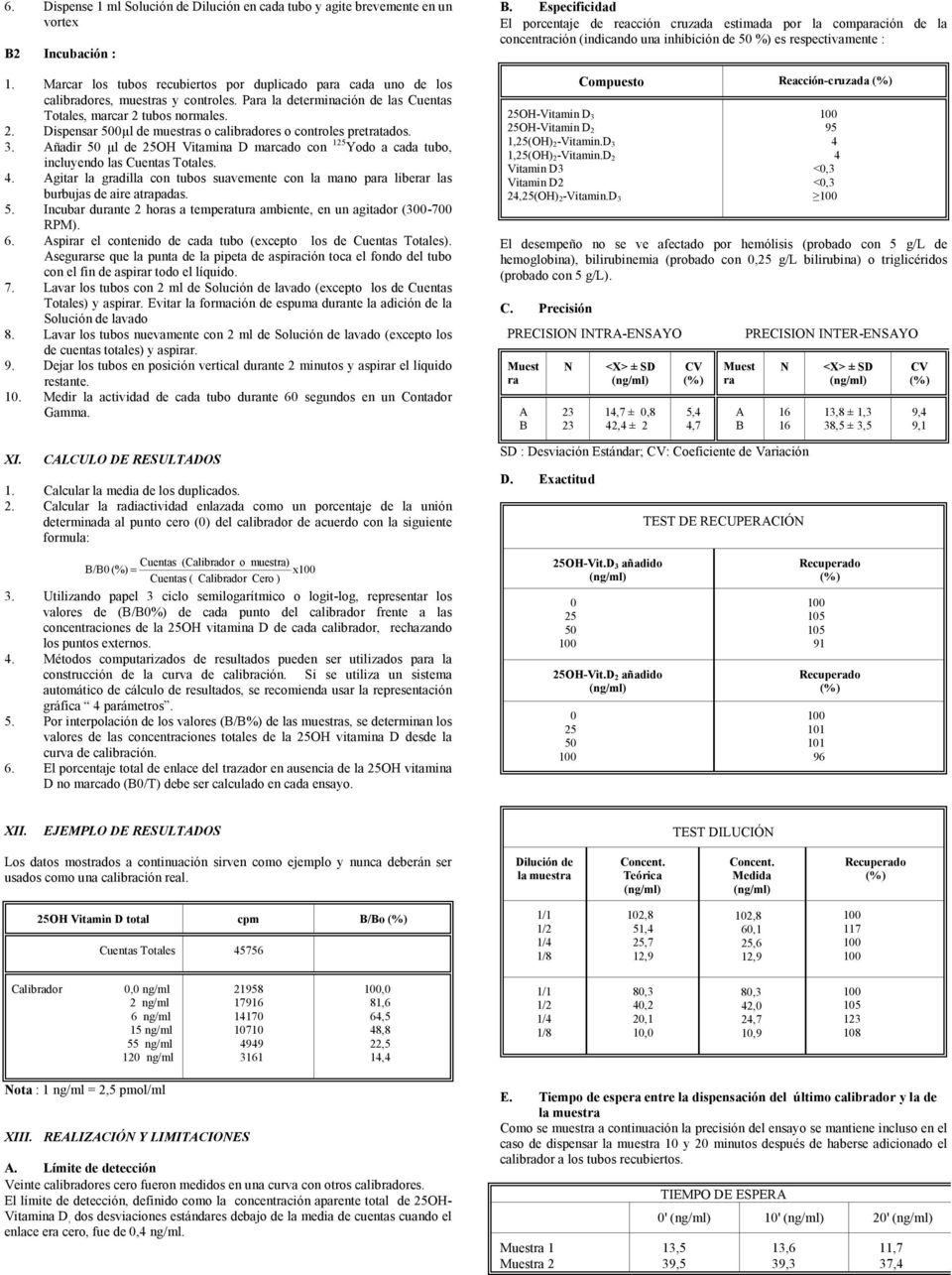 tubos normales. 2. Dispensar µl de muestras o calibradores o controles pretratados. 3. Añadir μl de 25OH Vitamina D marcado con 125 Yodo a cada tubo, incluyendo las Cuentas Totales. 4.