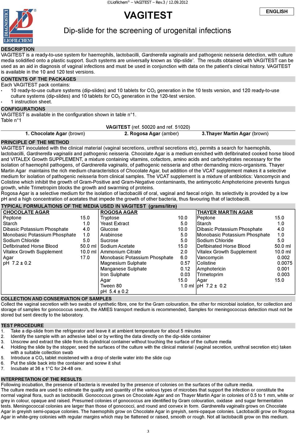 The results obtained with VAGITEST can be used as an aid in diagnosis of vaginal infections and must be used in conjunction with data on the patient s clinical history.