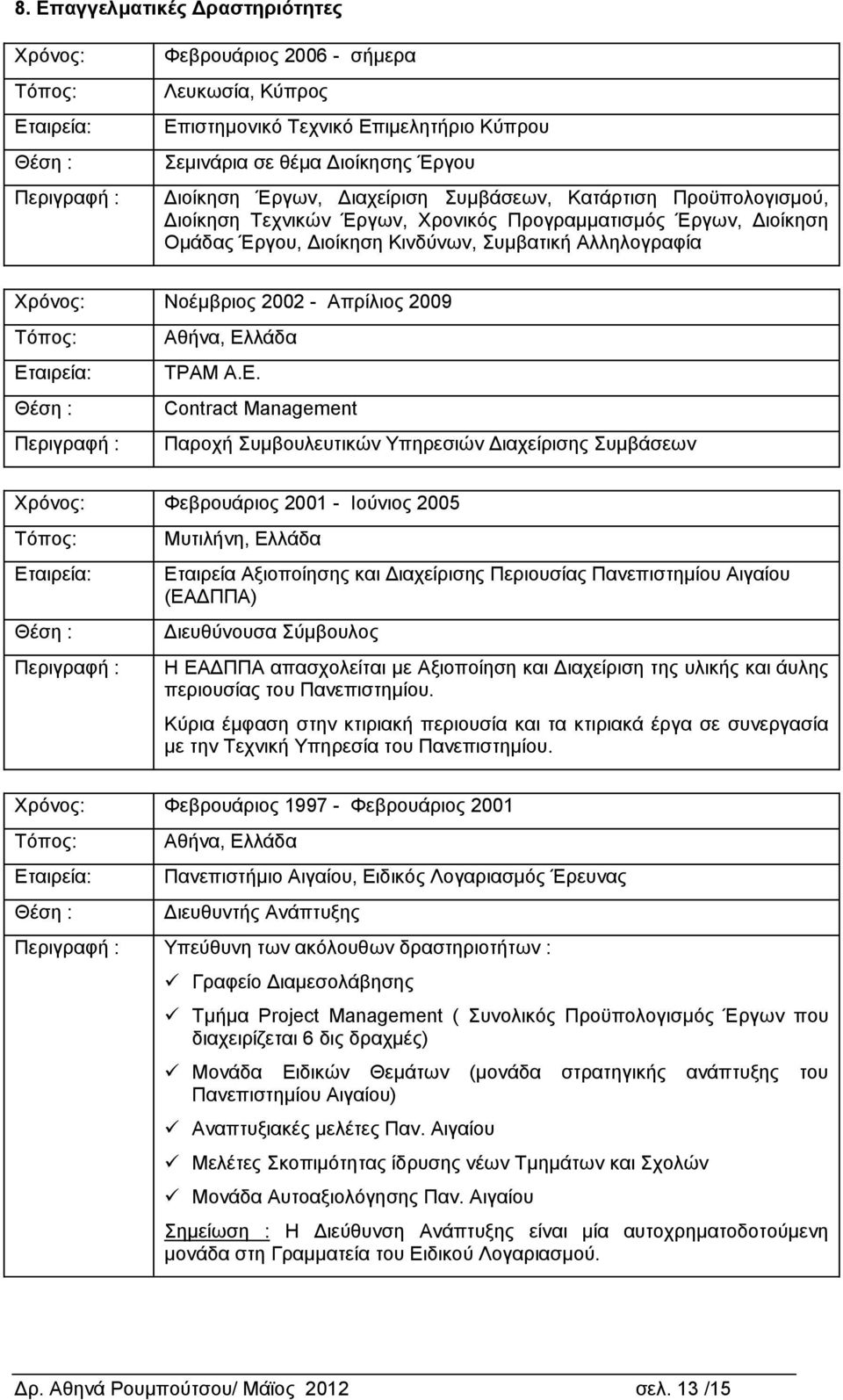 Νοέμβριος 2002 - Απρίλιος 2009 Τόπος: Αθήνα, Ελ