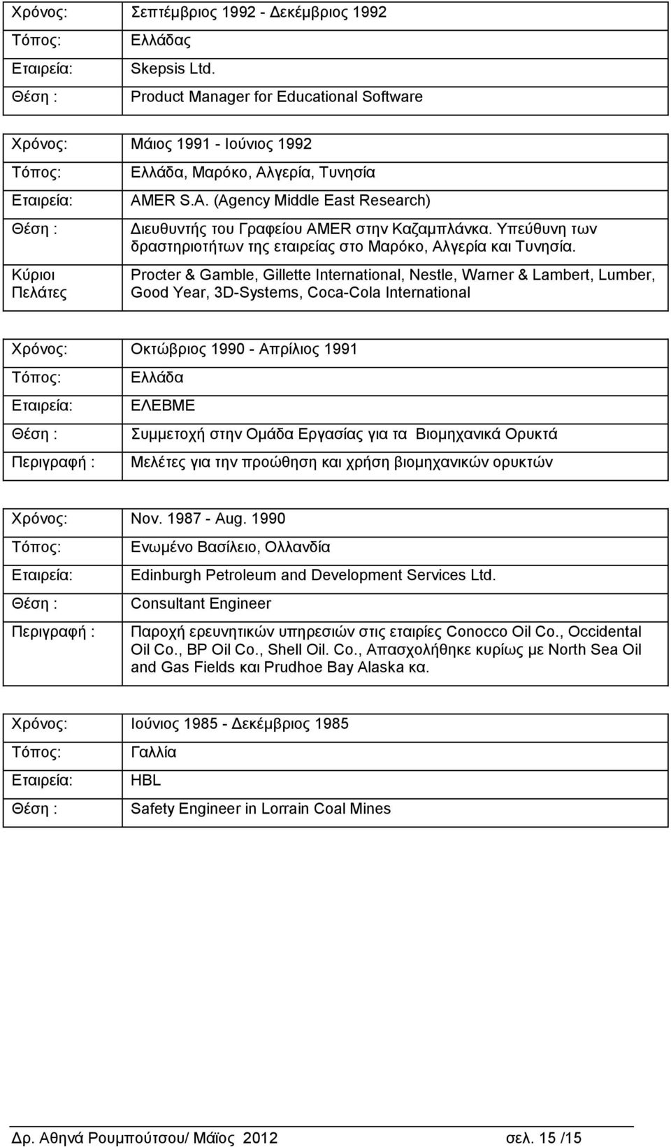 ER S.A. (Agency Middle East Research) Διευθυντής του Γραφείου AMER στην Καζαμπλάνκα. Υπεύθυνη των δραστηριοτήτων της εταιρείας στο Μαρόκο, Αλγερία και Τυνησία.