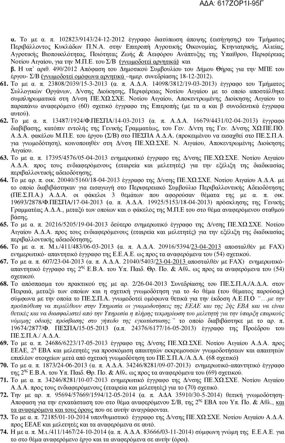 Η υπ αριθ. 490/2012 Απόφαση του Δημοτικού Συμβουλίου του Δήμου Θήρας για την ΜΠΕ του έργου- Σ/Β (γνωμοδοτεί ομόφωνα αρνητικά ημερ. συνεδρίασης 18-12-2012). 61. Το με α. π. 23808/2039/15-3-2013 (α. π. Α.Δ.Α. 14098/3812/19-03-2013) έγγραφο του Τμήματος Συλλογικών Οργάνων, Δ/νσης Διοίκησης, Περιφέρειας Νοτίου Αιγαίου με το οποίο αποστάλθηκε συμπληρωματικά στη Δ/νση ΠΕ.