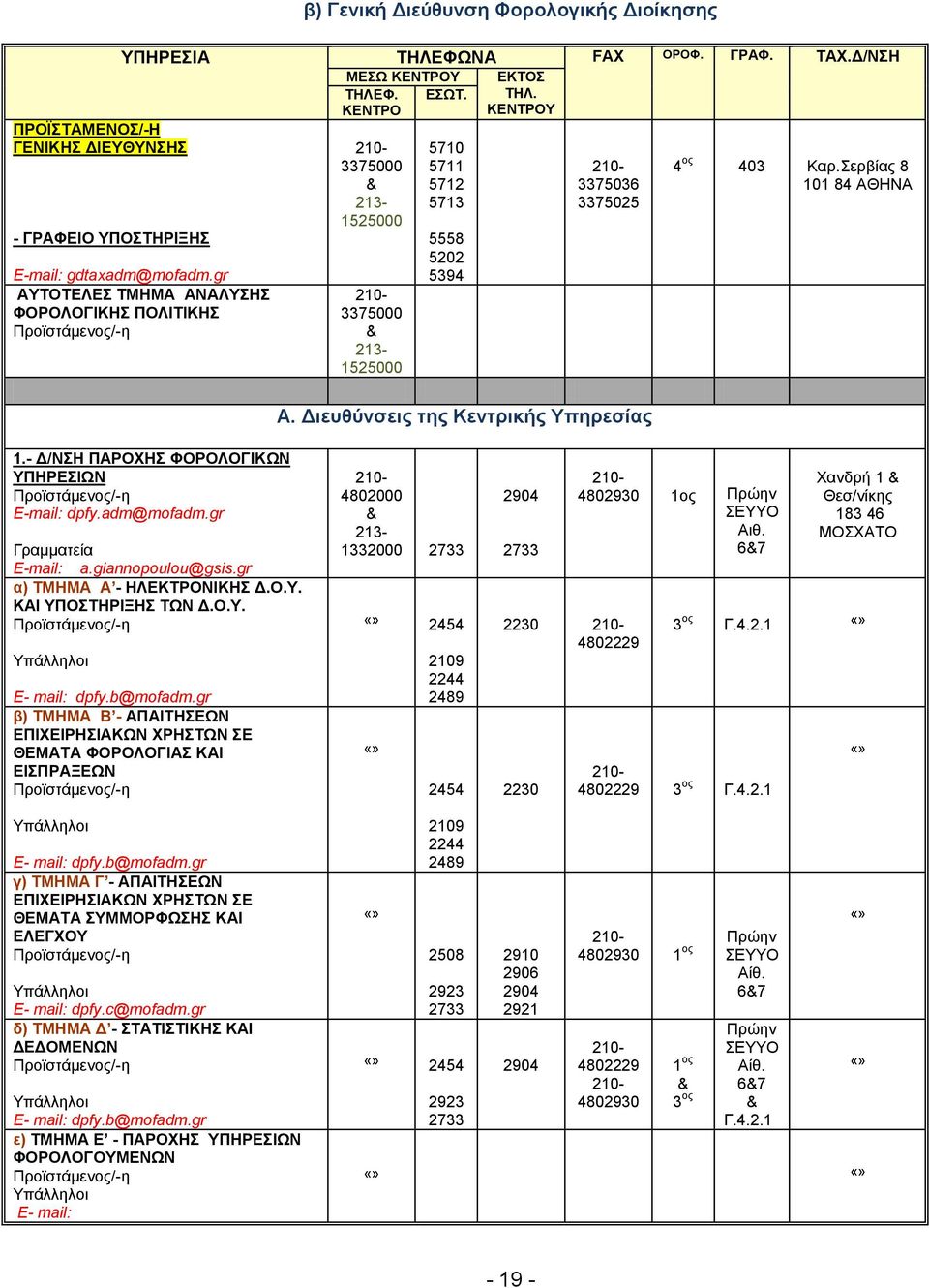 - Δ/NΣH ΠΑΡΟΧΗΣ ΦΟΡΟΛΟΓΙΚΩΝ ΥΠΗΡΕΣΙΩΝ E-mail: dpfy.adm@mofadm.gr E-mail: a.giannopoulou@gsis.gr α) TMHMA Α - ΗΛΕΚΤΡΟΝΙΚΗΣ Δ.Ο.Υ. ΚΑΙ ΥΠΟΣΤΗΡΙΞΗΣ ΤΩΝ Δ.Ο.Υ. E- mail: dpfy.b@mofadm.