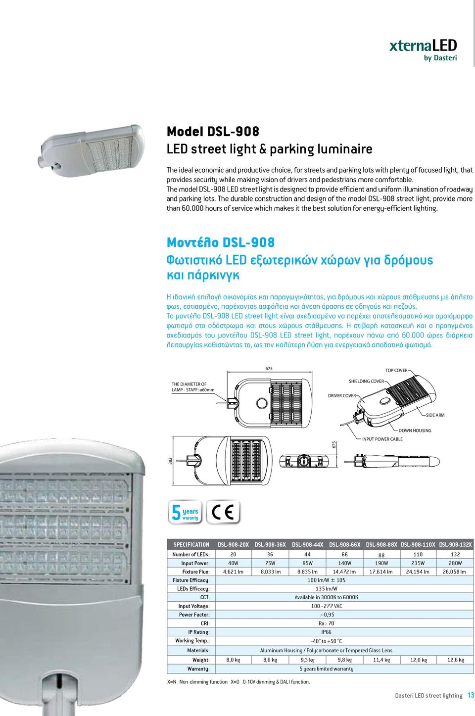 The durable construction and design of the model DSL-908 street light, provide more than 60.000 hours of service which makes it the best solution for energy-efficient lighting.