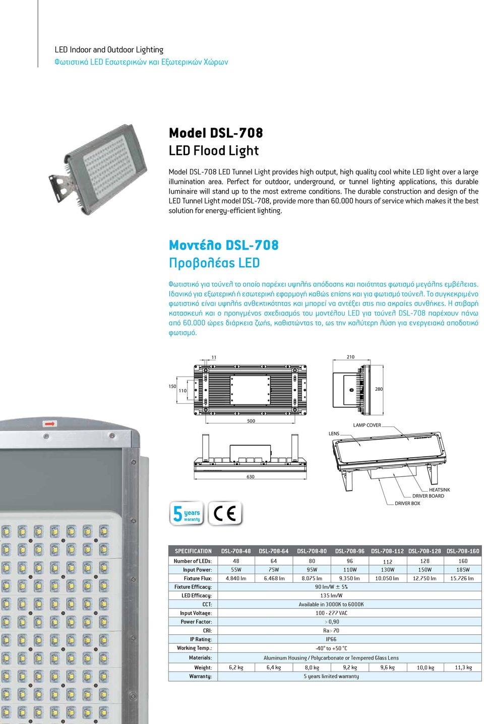 The durable construction and design of the LED Tunnel Light model DSL-708, provide more than 60.000 hours of service which makes it the best solution for energy-efficient lighting.