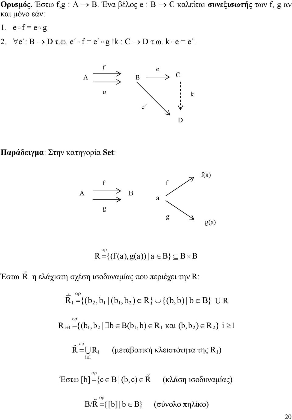 A f B e C g e k D Παράδειγμα: Στην κατηγορία Set: A f g B a f g f(a) g(a) ορ R = {(f(a),g(a)) a B} B B Έστω R η ελάχιστη σχέση