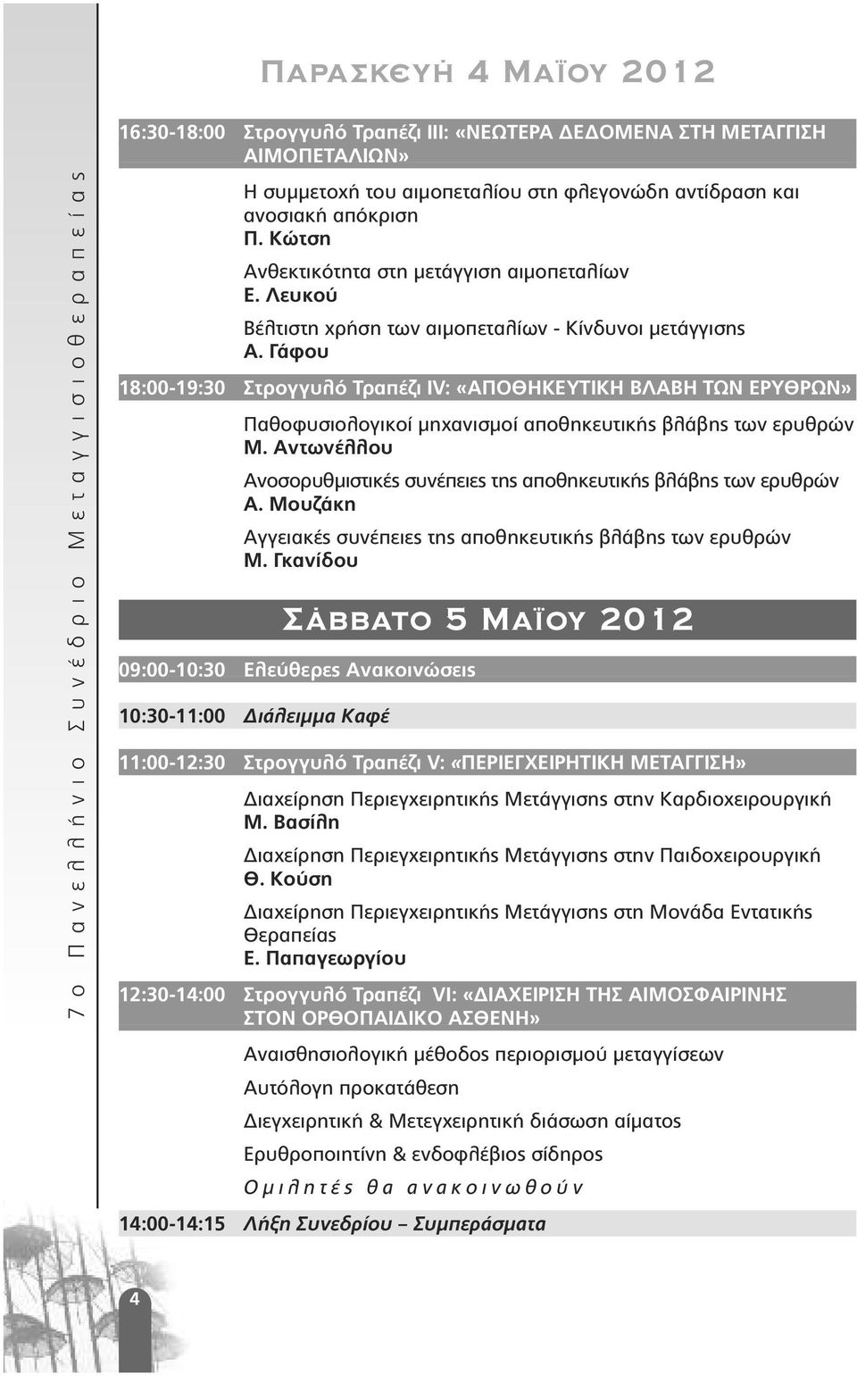 Γάφου 18:00-19:30 Στρογγυλό Τραπέζι ΙV: «ΑΠΟΘΗΚΕΥΤΙΚΗ ΒΛΑΒΗ ΤΩΝ ΕΡΥΘΡΩΝ» Παθοφυσιολογικοί µηχανισµοί αποθηκευτικής βλάβης των ερυθρών Μ.