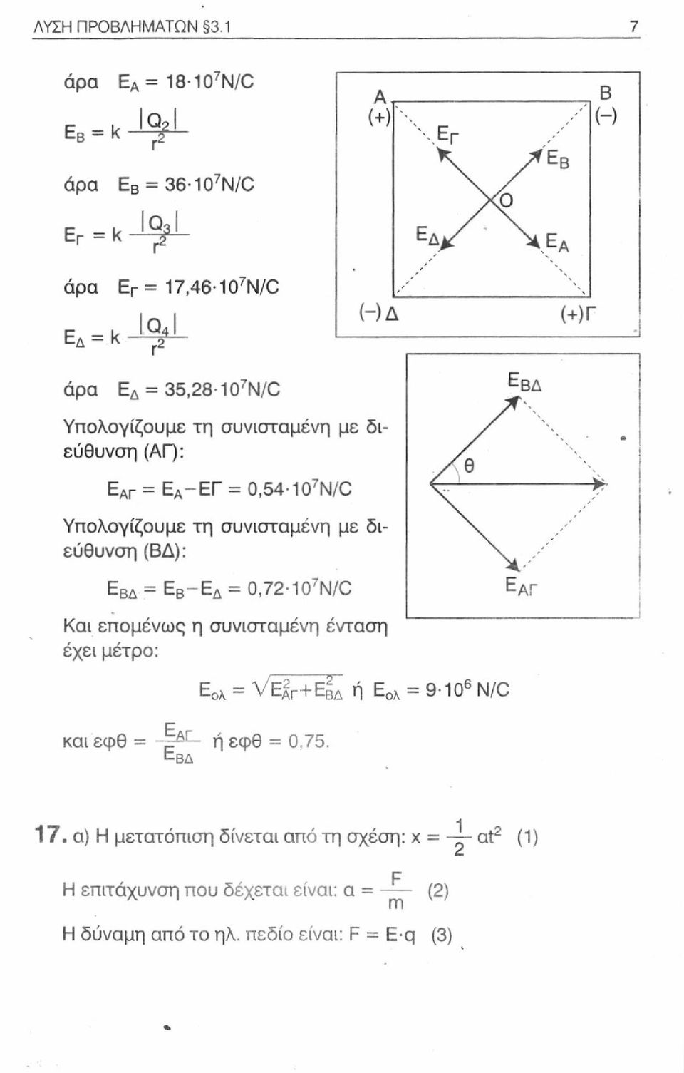 με διεύθυνση (ΑΓ): Ε αγ = Ε α -ΕΓ = 0,54-10 7 N/C Υπολογίζουμε τη συνισταμένη με διεύθυνση (ΒΔ): Ε ΒΔ = Ε Β -Ε δ = 0,72-10 7 N/C Και επομένως