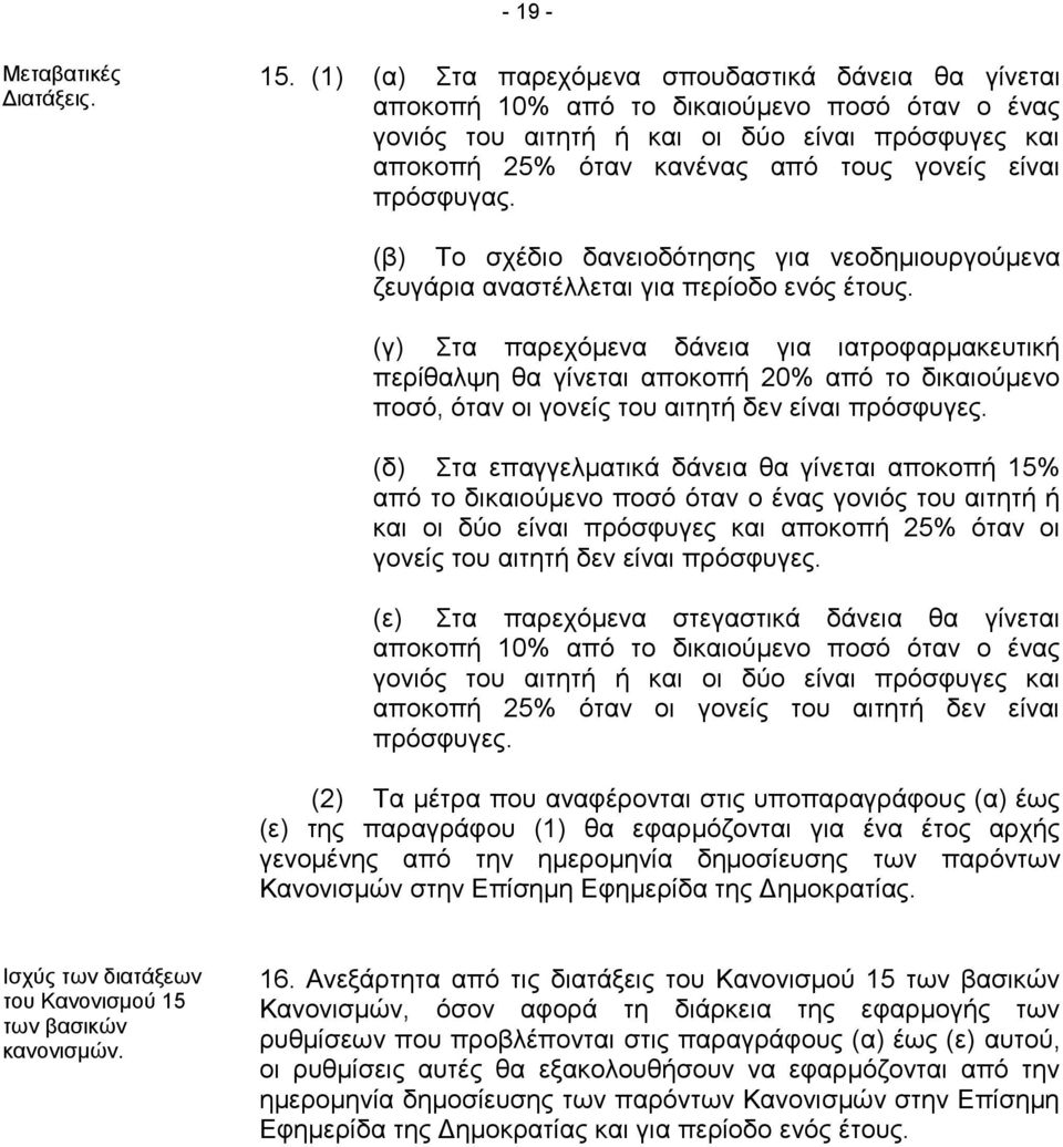 πρόσφυγας. (β) Το σχέδιο δανειοδότησης για νεοδημιουργούμενα ζευγάρια αναστέλλεται για περίοδο ενός έτους.