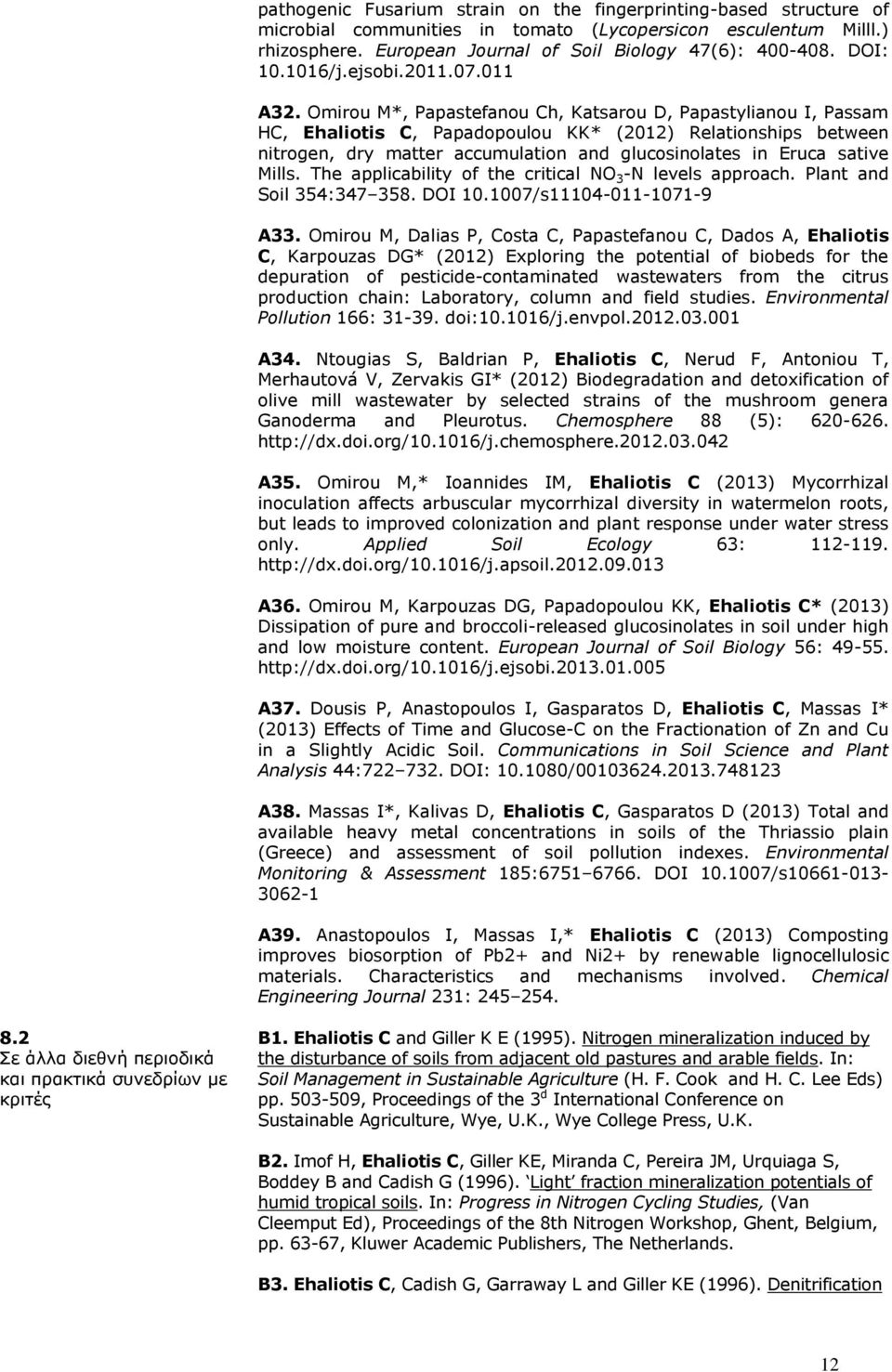 Omirou M*, Papastefanou Ch, Katsarou D, Papastylianou I, Passam HC, Ehaliotis C, Papadopoulou KK* (2012) Relationships between nitrogen, dry matter accumulation and glucosinolates in Eruca sative