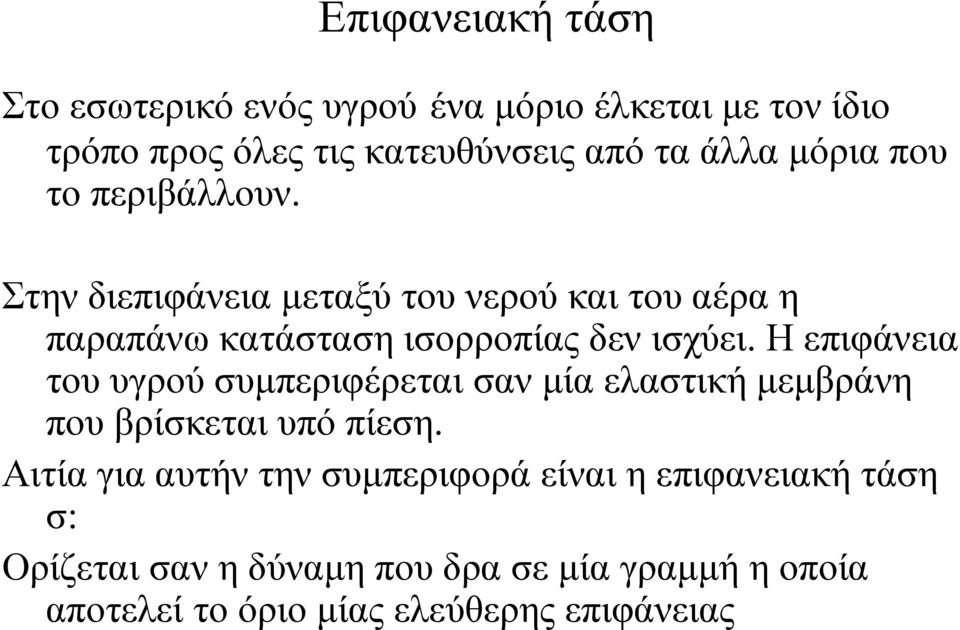 Η επιφάνεια του υγρού συμπεριφέρεται σαν μία ελαστική μεμβράνη που βρίσκεται υπό πίεση.