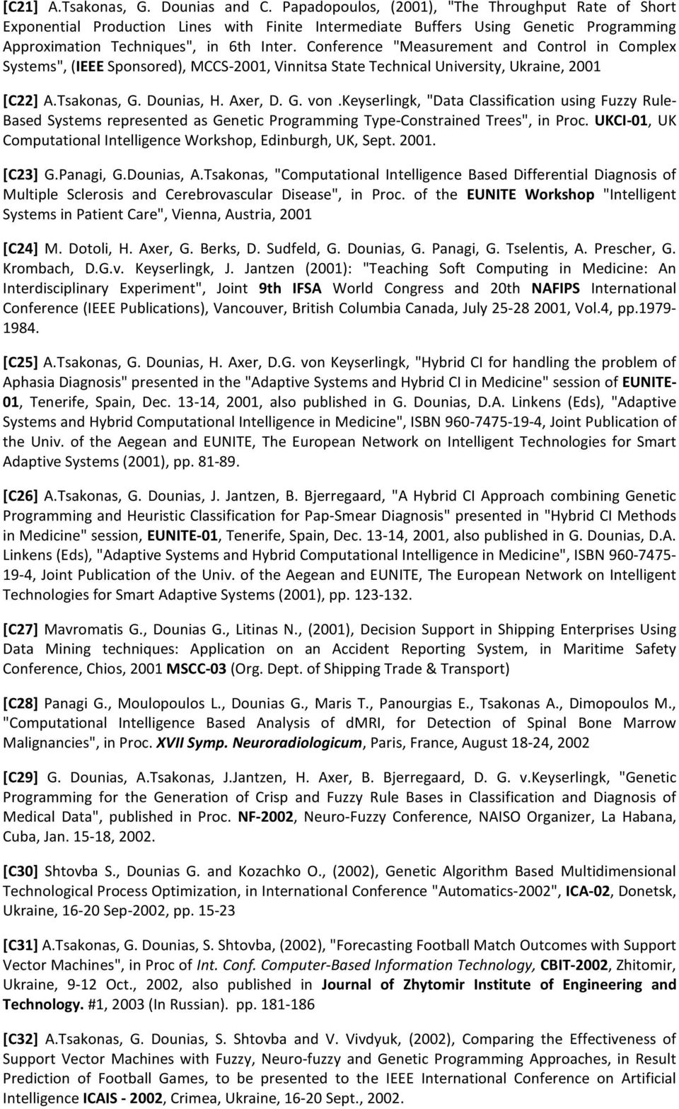 Conference "Measurement and Control in Complex Systems", (IEEE Sponsored), MCCS-2001, Vinnitsa State Technical University, Ukraine, 2001 [C22] A.Tsakonas, G. Dounias, H. Axer, D. G. von.