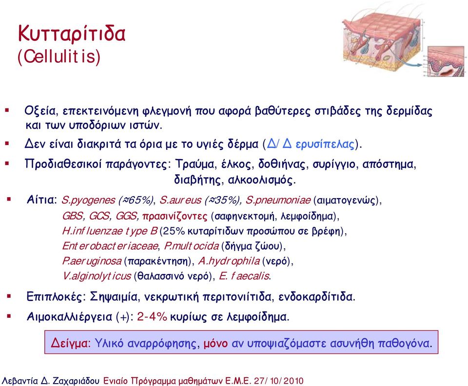 pneumoniae (αιματογενώς), GBS, GCS, GGS, πρασινίζοντες (σαφηνεκτομή, λεμφοίδημα), H.influenzae type B (25% κυταρίτιδων προσώπου σε βρέφη), Enterobacteriaceae, P.multocida (δήγμα ζώου), P.