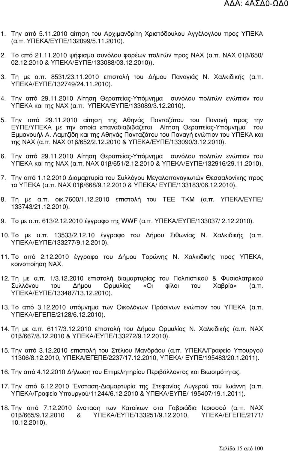 π. ΥΠΕΚΑ/ΕΥΠΕ/133089/3.12.2010). 5. Την από 29.11.2010 αίτηση της Αθηνάς Πανταζάτου του Παναγή προς την ΕΥΠΕ/ΥΠΕΚΑ µε την οποία επαναδιαβιβάζεται Αίτηση Θεραπείας-Υπόµνηµα του Εµµανουήλ Α.