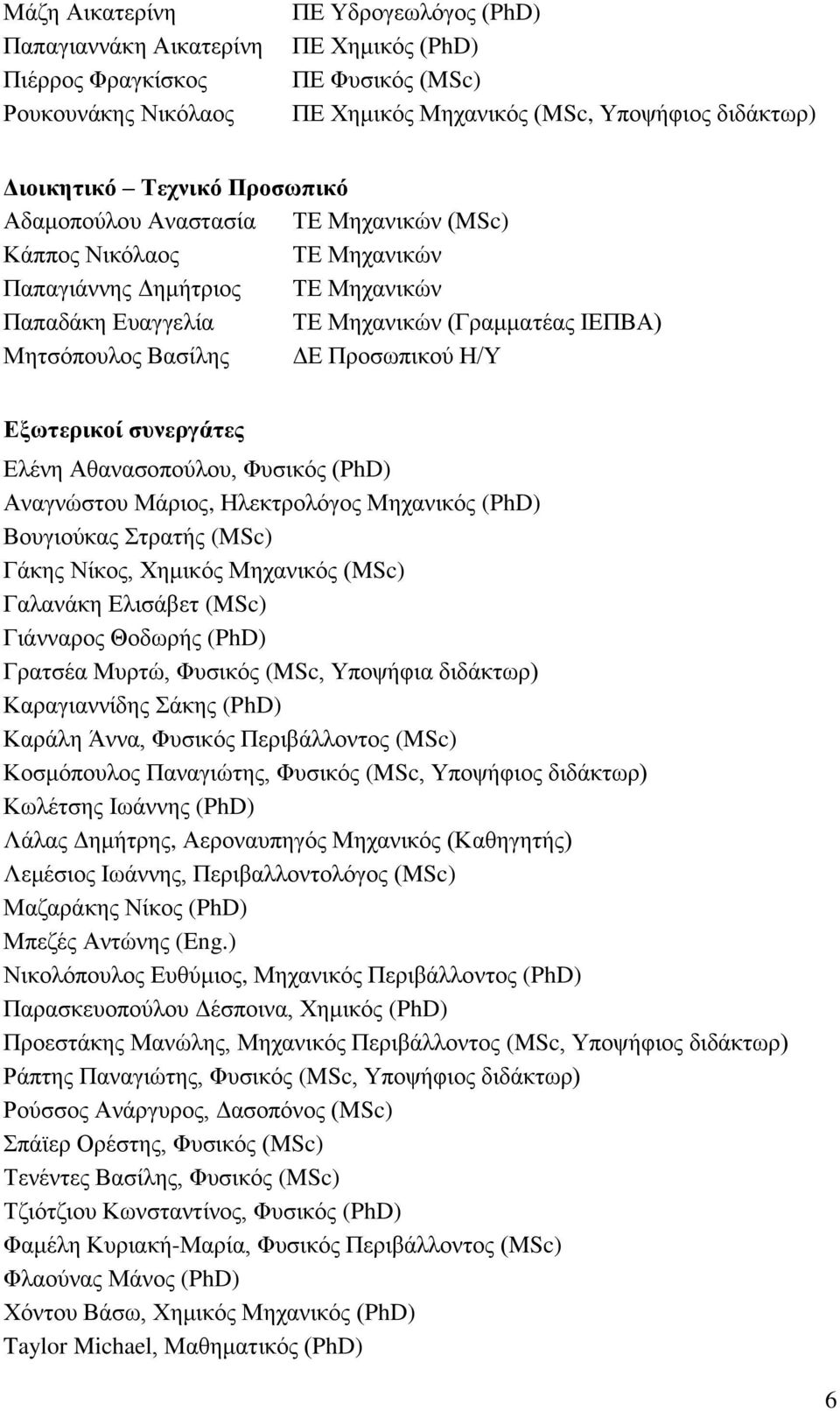 Προσωπικού Η/Υ Εξωτερικοί συνεργάτες Ελένη Αθανασοπούλου, Φυσικός (PhD) Αναγνώστου Μάριος, Ηλεκτρολόγος Μηχανικός (PhD) Βουγιούκας Στρατής (MSc) Γάκης Νίκος, Χημικός Μηχανικός (MSc) Γαλανάκη Ελισάβετ