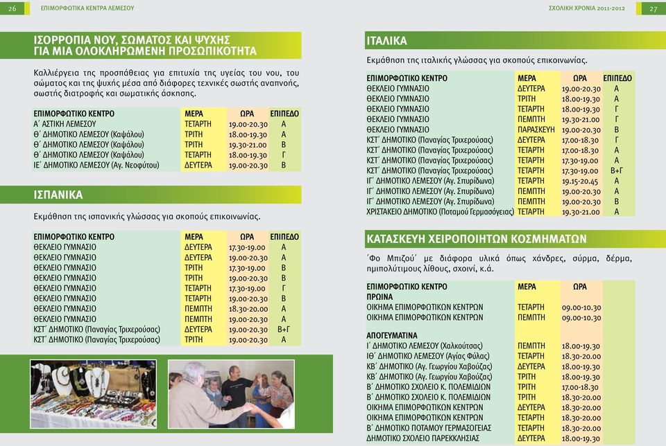 30 Α Θ ΔΗΜΟΤΙΚΟ ΛΕΜΕΣΟΥ (Καψάλου) ΤΡΙΤΗ 19.30-21.00 Β Θ ΔΗΜΟΤΙΚΟ ΛΕΜΕΣΟΥ (Καψάλου) ΤΕΤΑΡΤΗ 18.00-19.30 Γ ΙΕ ΔΗΜΟΤΙΚΟ ΛΕΜΕΣΟΥ (Αγ. Νεοφύτου) ΔΕΥΤΕΡΑ 19.00-20.