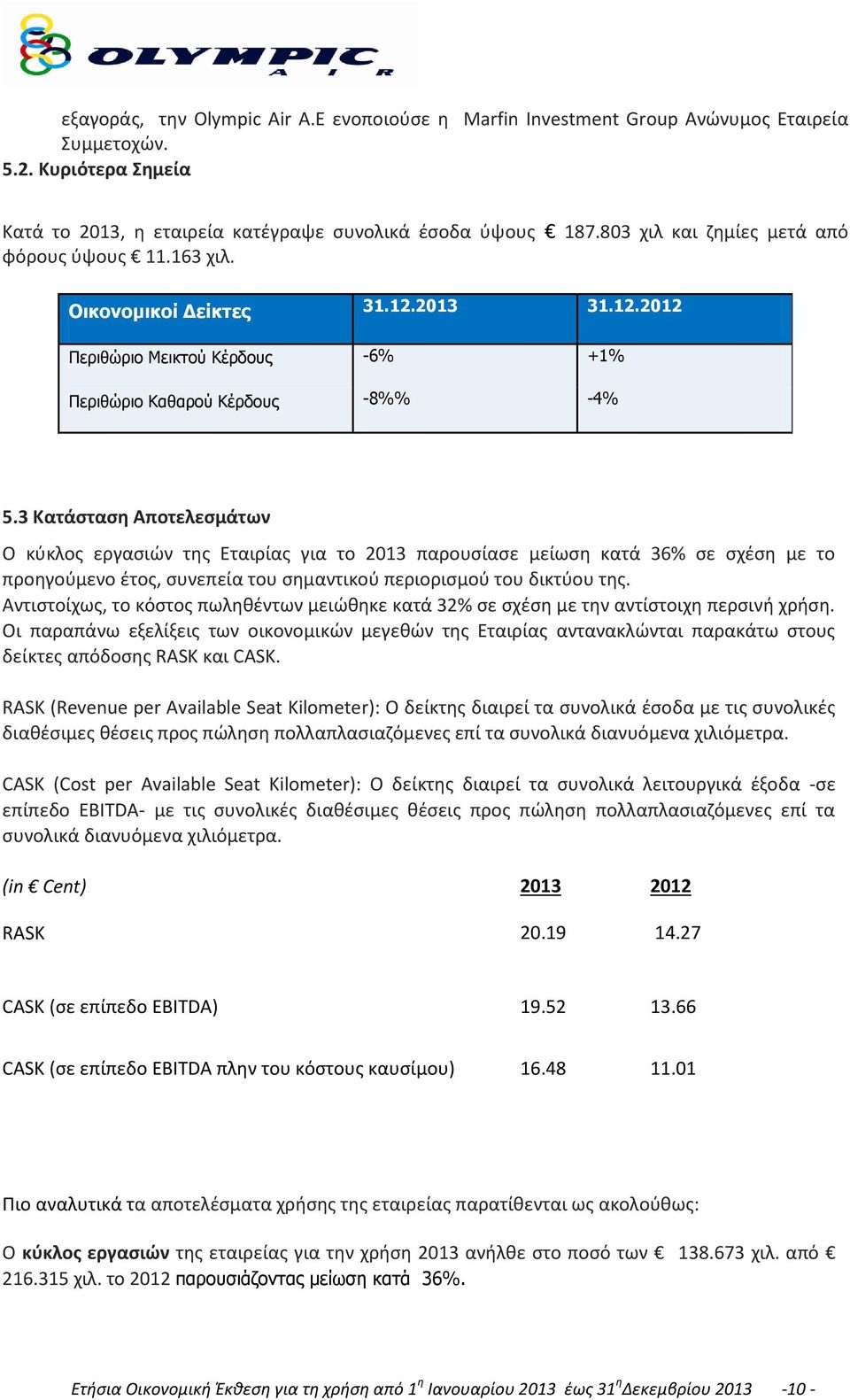 3 Κατάσταση Αποτελεσμάτων Ο κύκλος εργασιών της Εταιρίας για το 2013 παρουσίασε μείωση κατά 36% σε σχέση με το προηγούμενο έτος, συνεπεία του σημαντικού περιορισμού του δικτύου της.