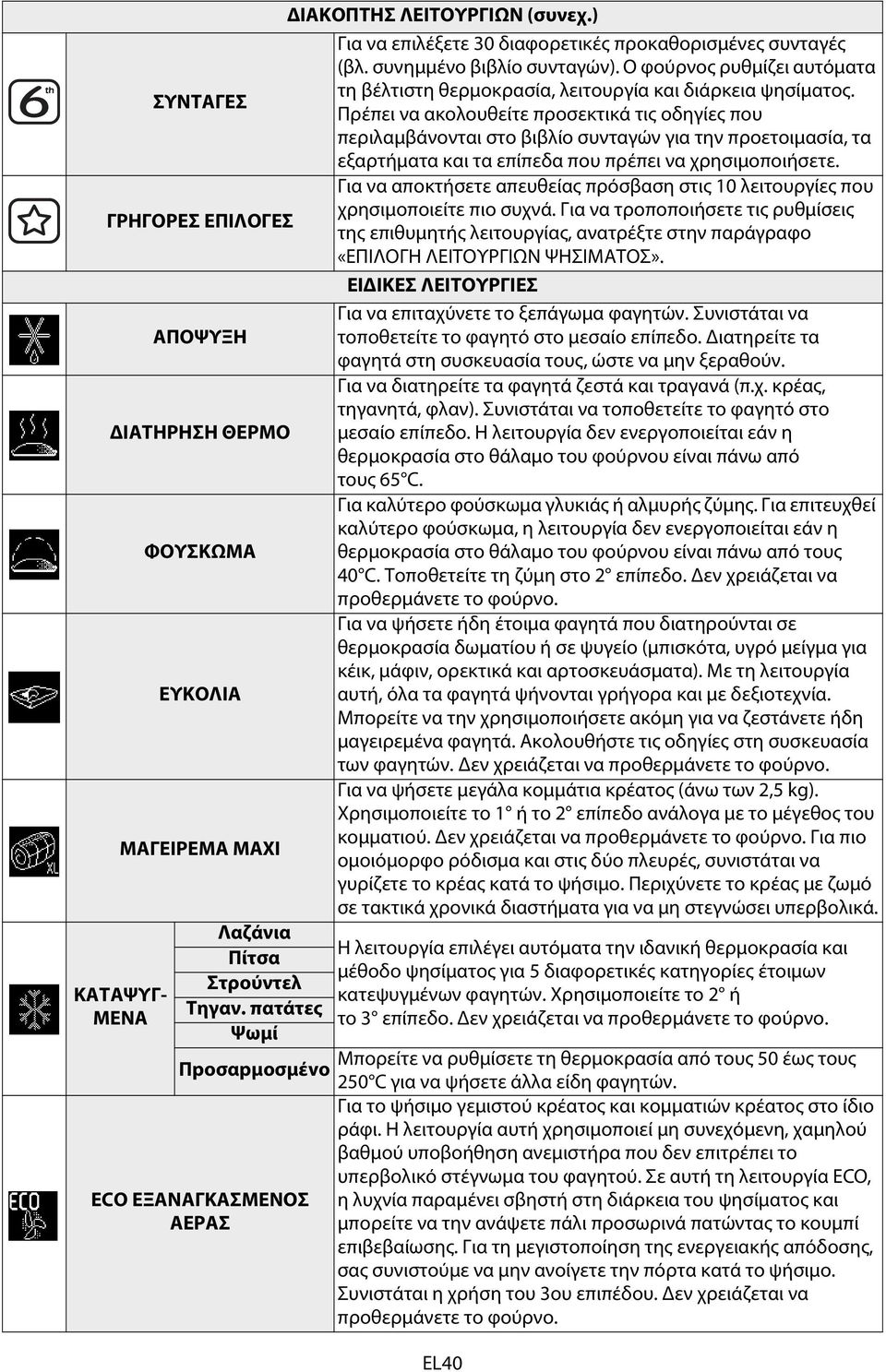 ΣΥΝΤΑΓΕΣ Πρέπει να ακολουθείτε προσεκτικά τις οδηγίες που περιλαμβάνονται στο βιβλίο συνταγών για την προετοιμασία, τα εξαρτήματα και τα επίπεδα που πρέπει να χρησιμοποιήσετε.