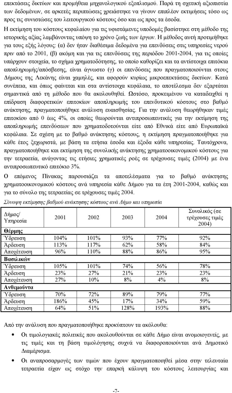 Η εκτίμηση του κόστους κεφαλαίου για τις υφιστάμενες υποδομές βασίστηκε στη μέθοδο της ιστορικής αξίας λαμβάνοντας υπόψη το χρόνο ζωής των έργων.