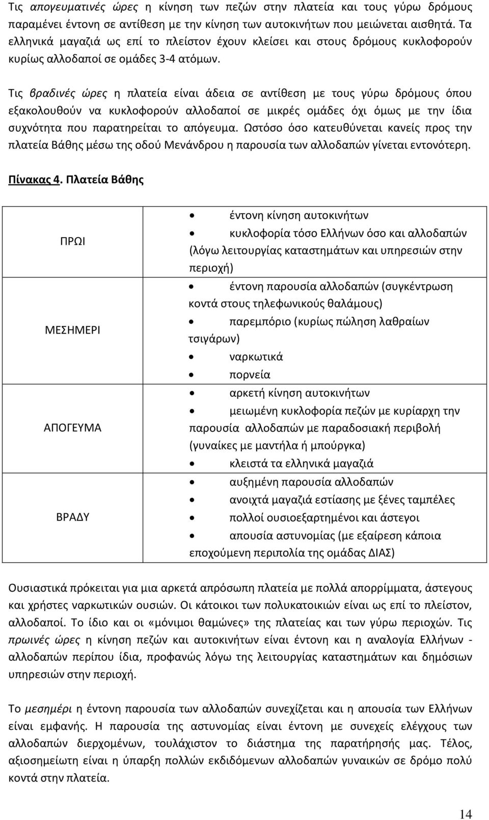 Τις βραδινές ώρες η πλατεία είναι άδεια σε αντίθεση με τους γύρω δρόμους όπου εξακολουθούν να κυκλοφορούν αλλοδαποί σε μικρές ομάδες όχι όμως με την ίδια συχνότητα που παρατηρείται το απόγευμα.