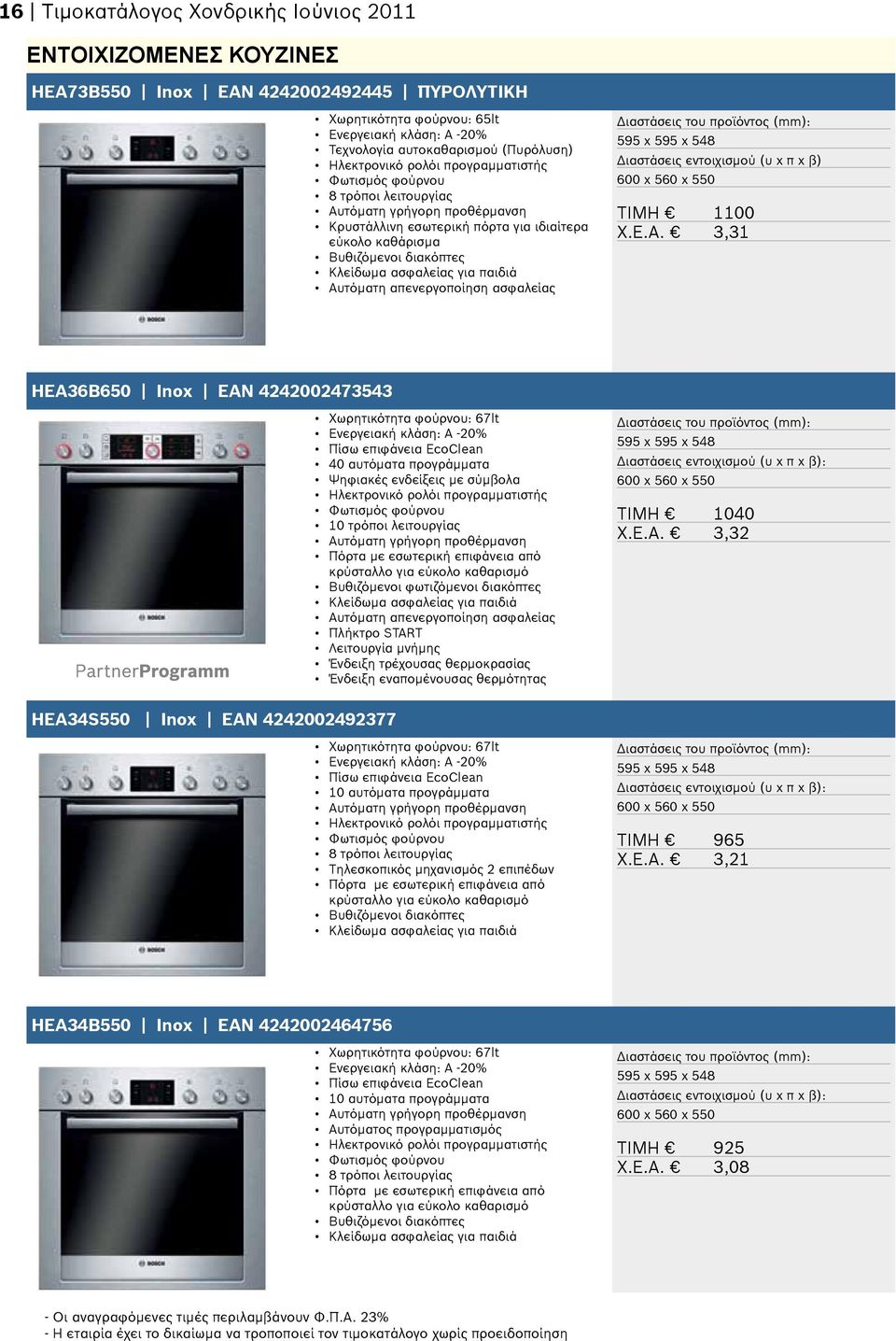 Διαστάσεις εντοιχισμού (υ x π x β) 600 x 560 x 550 TIMH 1100 X.E.A.