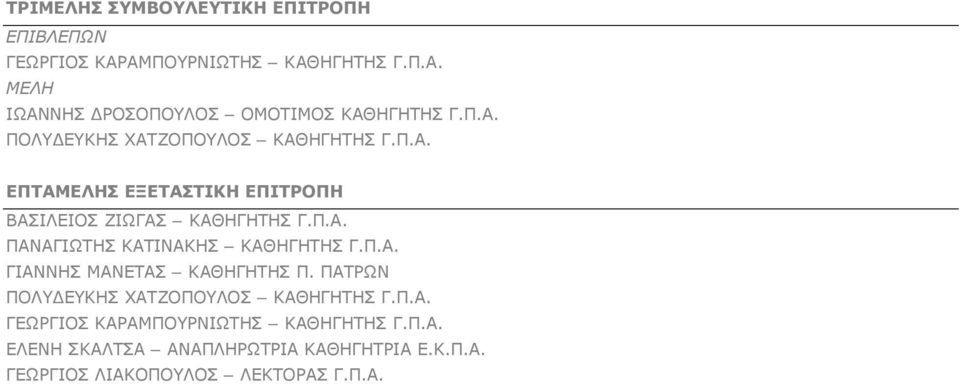 Π.Α. ΓΙΑΝΝΗΣ ΜΑΝΕΤΑΣ ΚΑΘΗΓΗΤΗΣ Π. ΠΑΤΡΩΝ ΠΟΛΥΔΕΥΚΗΣ ΧΑΤΖΟΠΟΥΛΟΣ ΚΑΘΗΓΗΤΗΣ Γ.Π.Α. ΓΕΩΡΓΙΟΣ ΚΑΡΑΜΠΟΥΡΝΙΩΤΗΣ ΚΑΘΗΓΗΤΗΣ Γ.Π.Α. ΕΛΕΝΗ ΣΚΑΛΤΣΑ ΑΝΑΠΛΗΡΩΤΡΙΑ ΚΑΘΗΓΗΤΡΙΑ Ε.