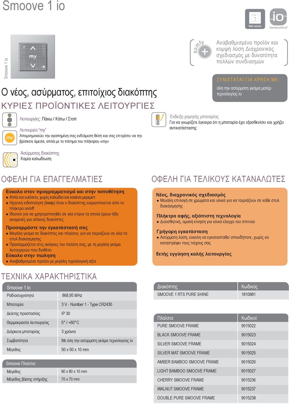 ΣΥΝIΣΤΑΤΑΙ ΓΙΑ ΧΡΗΣΗ ΜΕ: όλη την ασύρματη γκάμα μοτέρ τεχνολογίας io Ένδειξη χαμηλής μπαταρίας Για να γνωρίζετε έγκαιρα ότι η μπαταρία έχει εξασθενίσει και χρήζει αντικατάστασης Ασύρματος διακόπτης