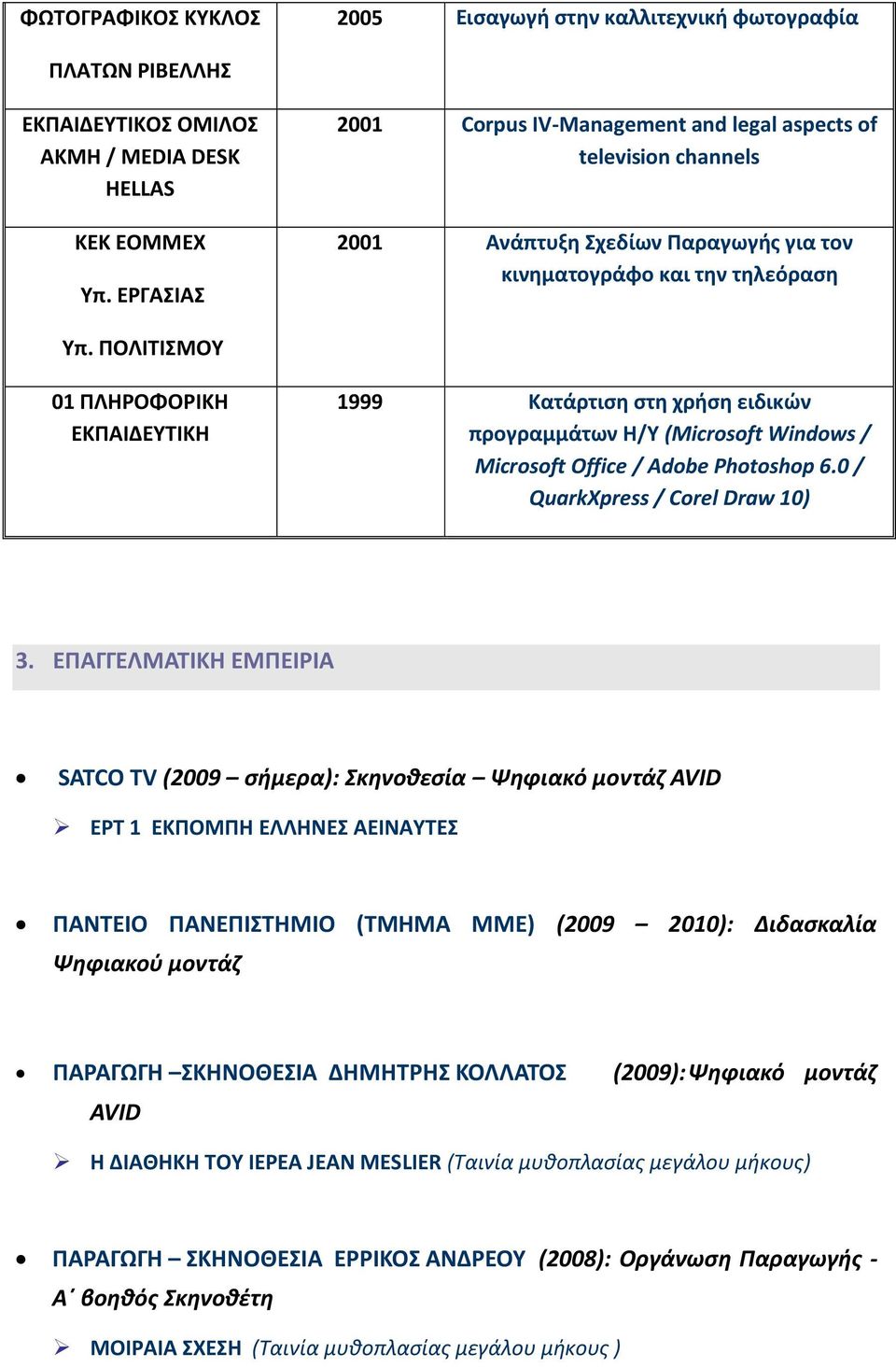 ΠΟΛΙΤΙΣΜΟΥ 01 ΠΛΗΡΟΦΟΡΙΚΗ ΕΚΠΑΙΔΕΥΤΙΚΗ 1999 Κατάρτιση στη χρήση ειδικών προγραμμάτων Η/Υ (Microsoft Windows / Microsoft Office / Adobe Photoshop 6.0 / QuarkXpress / Corel Draw 10) 3.