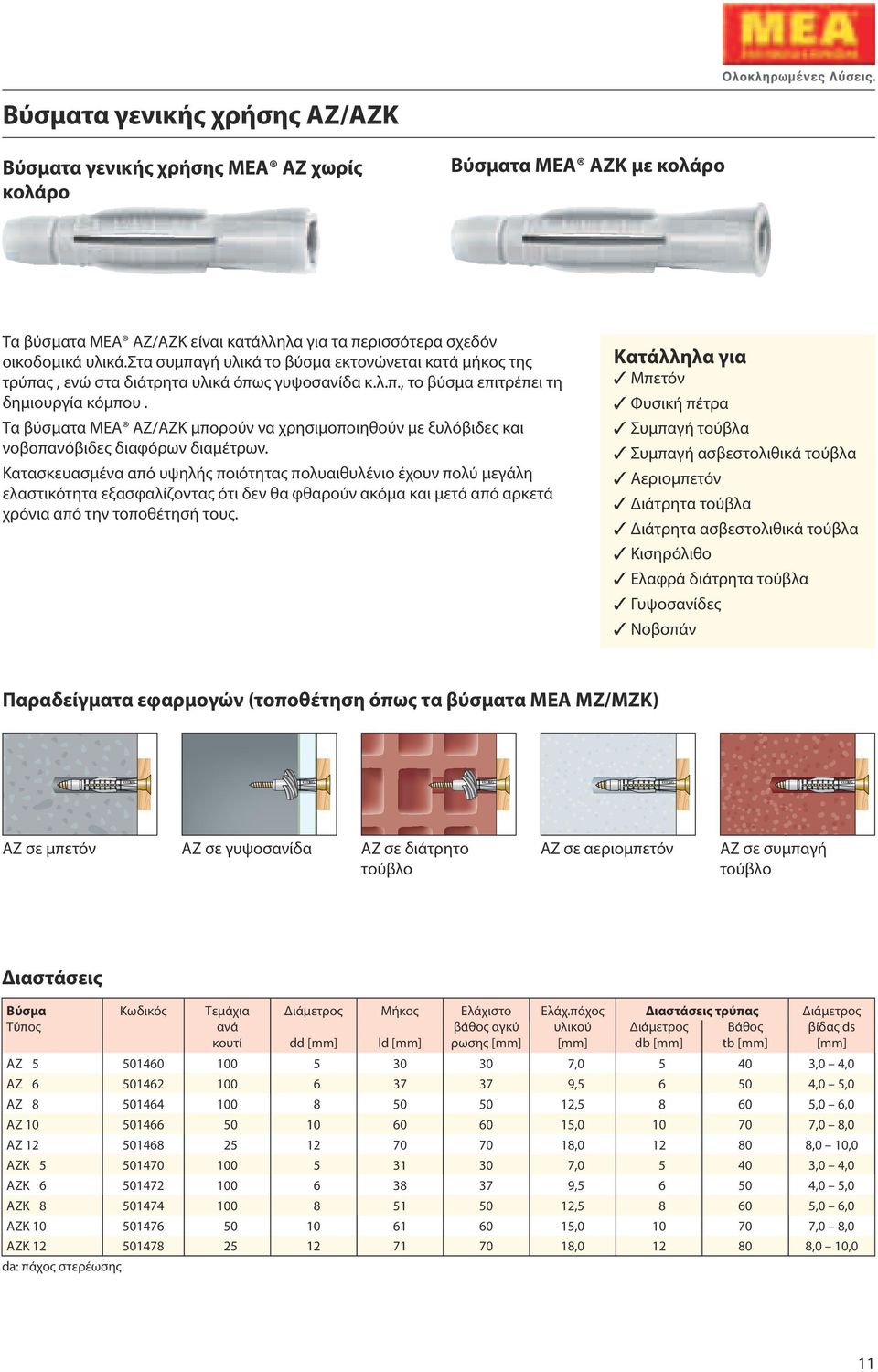 Τα βύσματα MEA AZ/AZK μπορούν να χρησιμοποιηθούν με ξυλόβιδες και νοβοπανόβιδες διαφόρων διαμέτρων.
