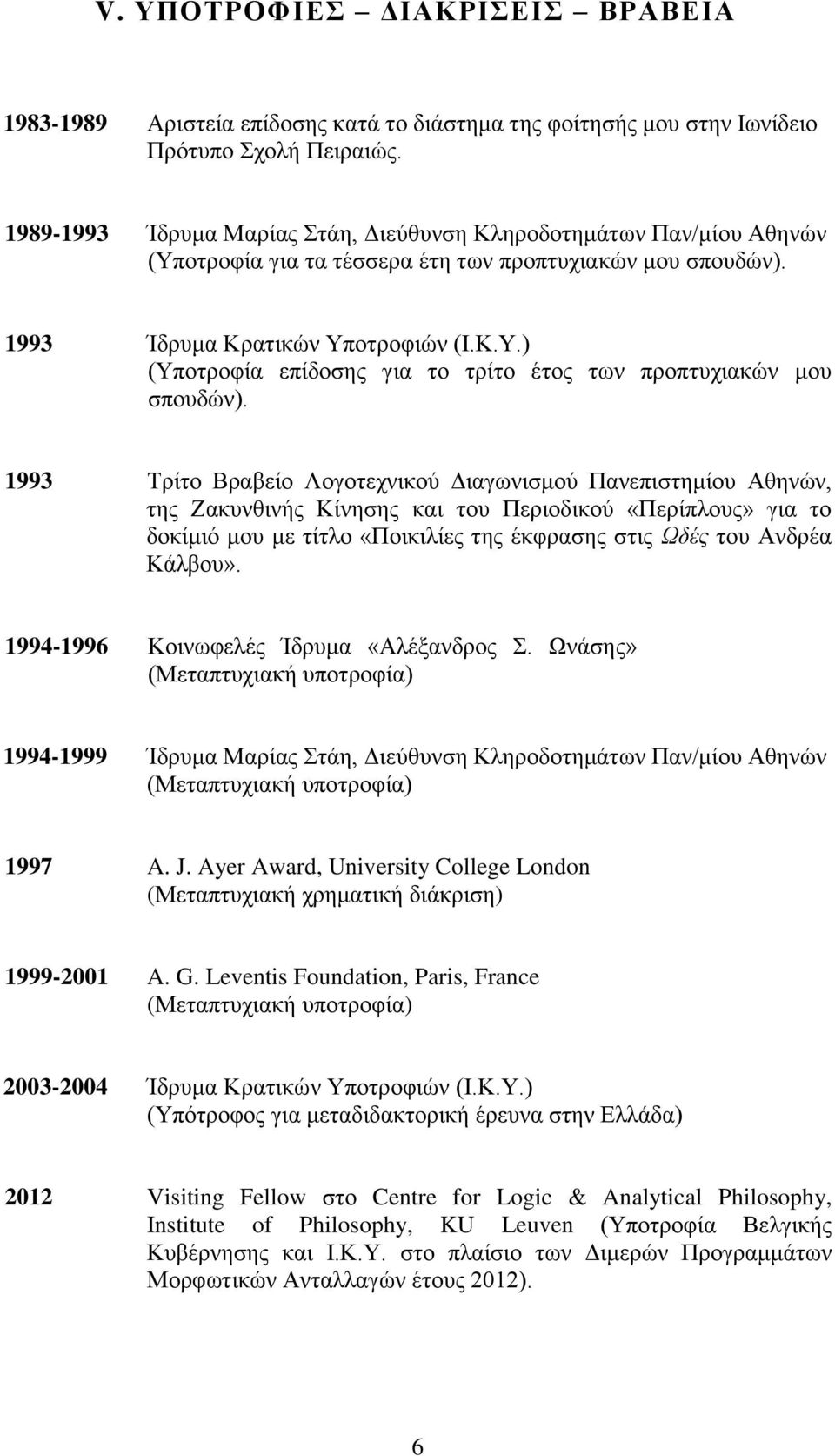 1993 Τρίτο Βραβείο Λογοτεχνικού Διαγωνισμού Πανεπιστημίου Αθηνών, της Ζακυνθινής Κίνησης και του Περιοδικού «Περίπλους» για το δοκίμιό μου με τίτλο «Ποικιλίες της έκφρασης στις Ωδές του Ανδρέα