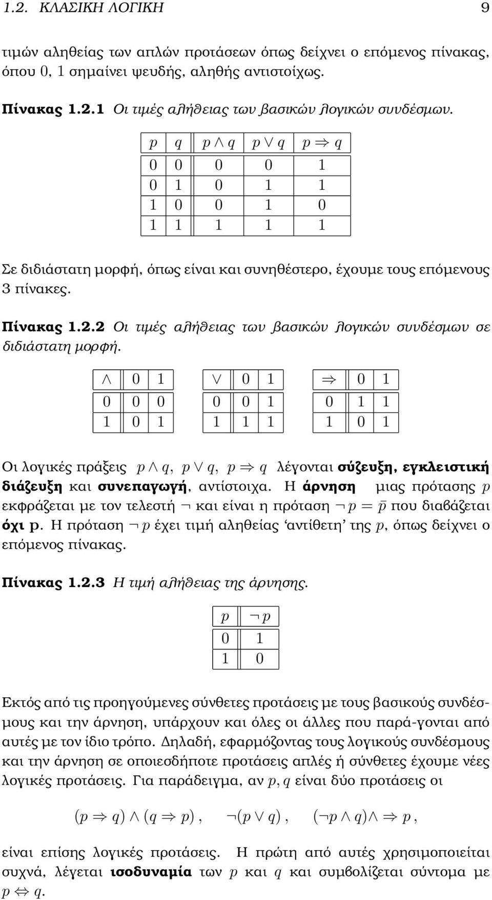 2 Οι τιµές αλήθειας των ϐασικών λογικών συνδέσµων σε διδιάστατη µορϕή.