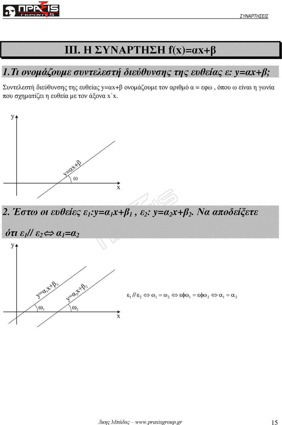 =α+β ονοµάζουµε τον αριθµό α = εφω, όπου ω είναι η γωνία που σχηµατίζει η ευθεία µε τον άξονα.