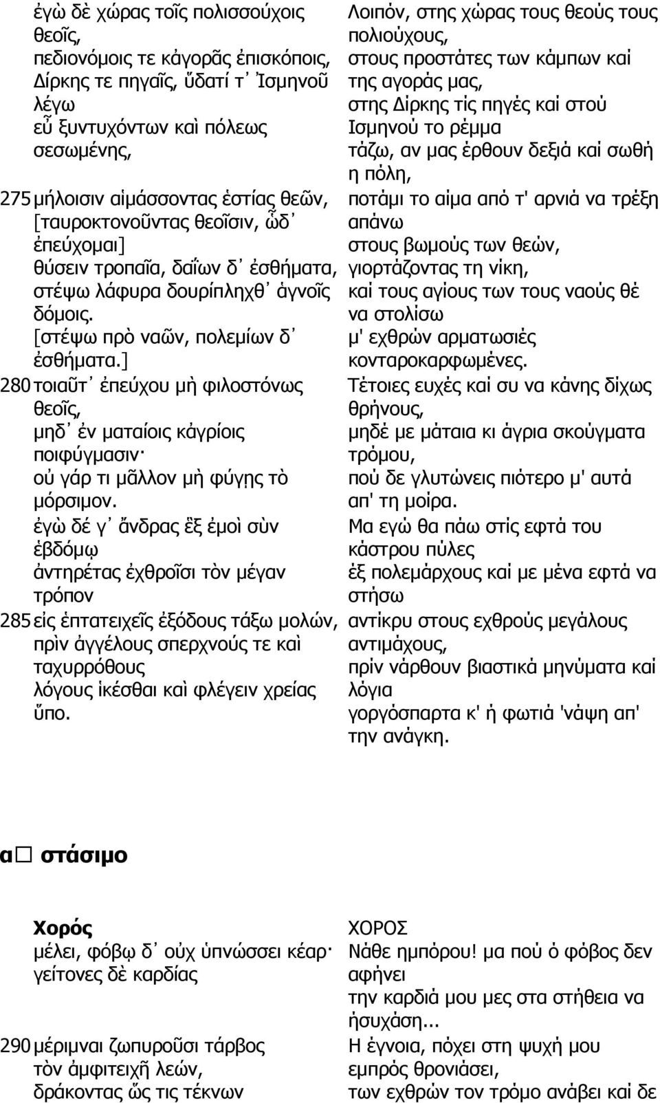 ] 280 τοιαῦτ ἐπεύχου µὴ φιλοστόνως θεοῖς, µηδ ἐν µαταίοις κἀγρίοις ποιφύγµασιν οὐ γάρ τι µᾶλλον µὴ φύγῃς τὸ µόρσιµον.