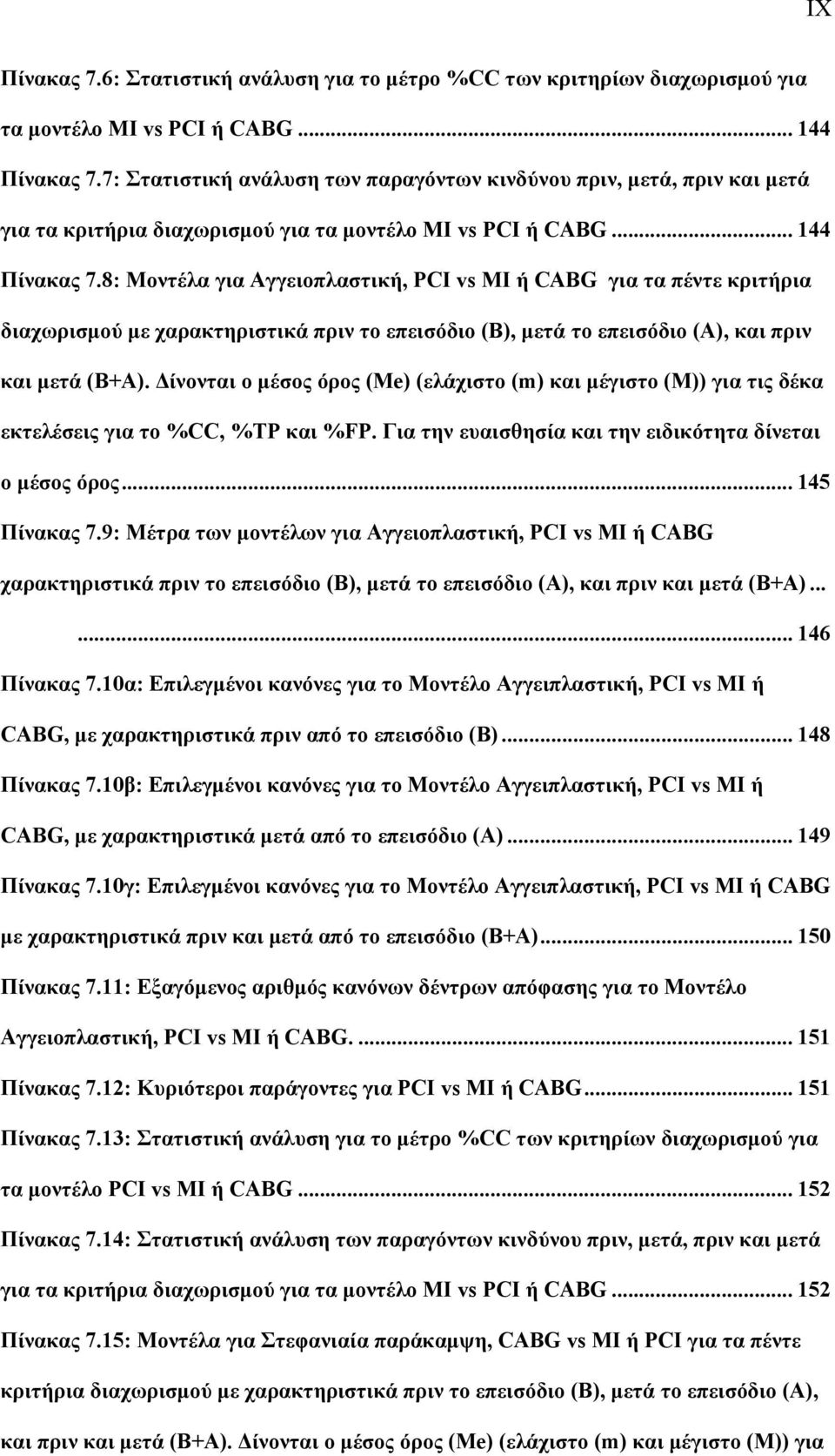 8: Μοντέλα για Αγγειοπλαστική, PCI vs ΜΙ ή CABG για τα πέντε κριτήρια διαχωρισμού με χαρακτηριστικά πριν το επεισόδιο (Β), μετά το επεισόδιο (Α), και πριν και μετά (Β+Α).