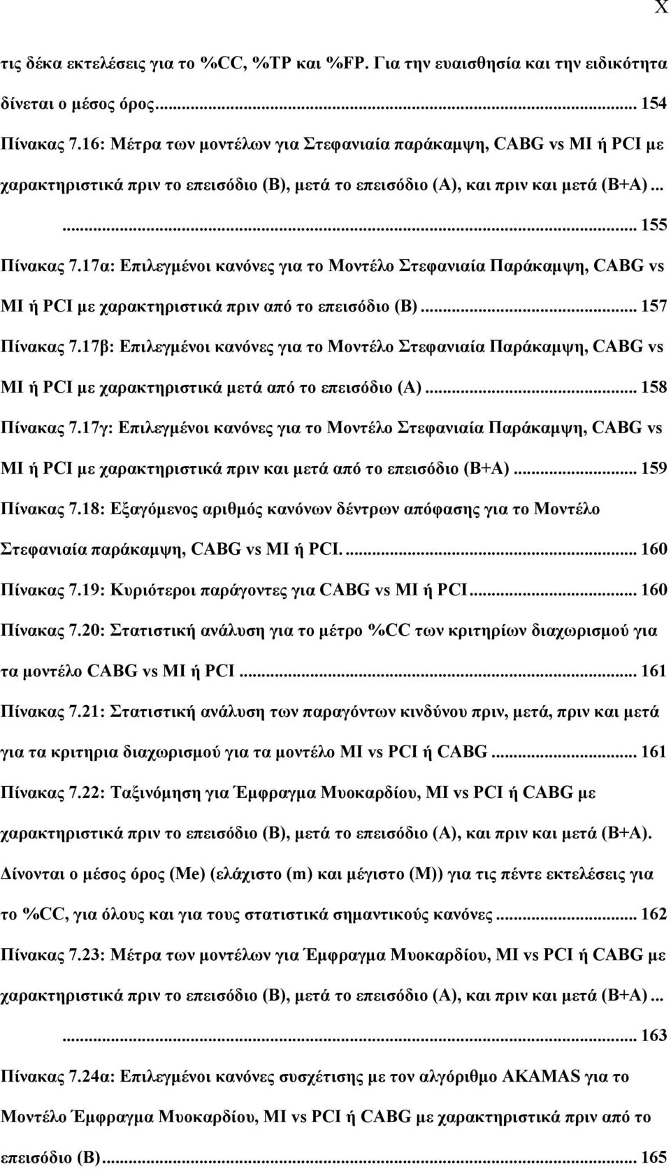 17α: Επιλεγμένοι κανόνες για το Μοντέλο Στεφανιαία Παράκαμψη, CABG vs ΜI ή PCΙ με χαρακτηριστικά πριν από το επεισόδιο (Β)... 157 Πίνακας 7.