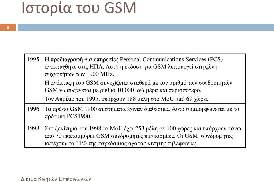 000 ανά μέρα και περισσότερο. Τον Απρίλιο του 1995, υπάρχουν 188 μέλη στο MoU από 69 χώρες. 1996 Τα πρώτα GSM 1900 συστήματα έγιναν διαθέσιμα.