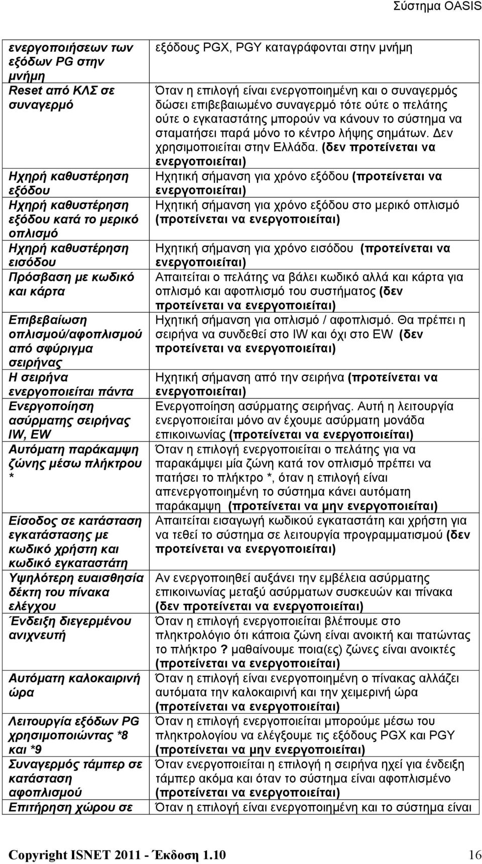 με κωδικό χρήστη και κωδικό εγκαταστάτη Υψηλότερη ευαισθησία δέκτη του πίνακα ελέγχου Ένδειξη διεγερμένου ανιχνευτή Αυτόματη καλοκαιρινή ώρα Λειτουργία εξόδων PG χρησιμοποιώντας *8 και *9 Συναγερμός