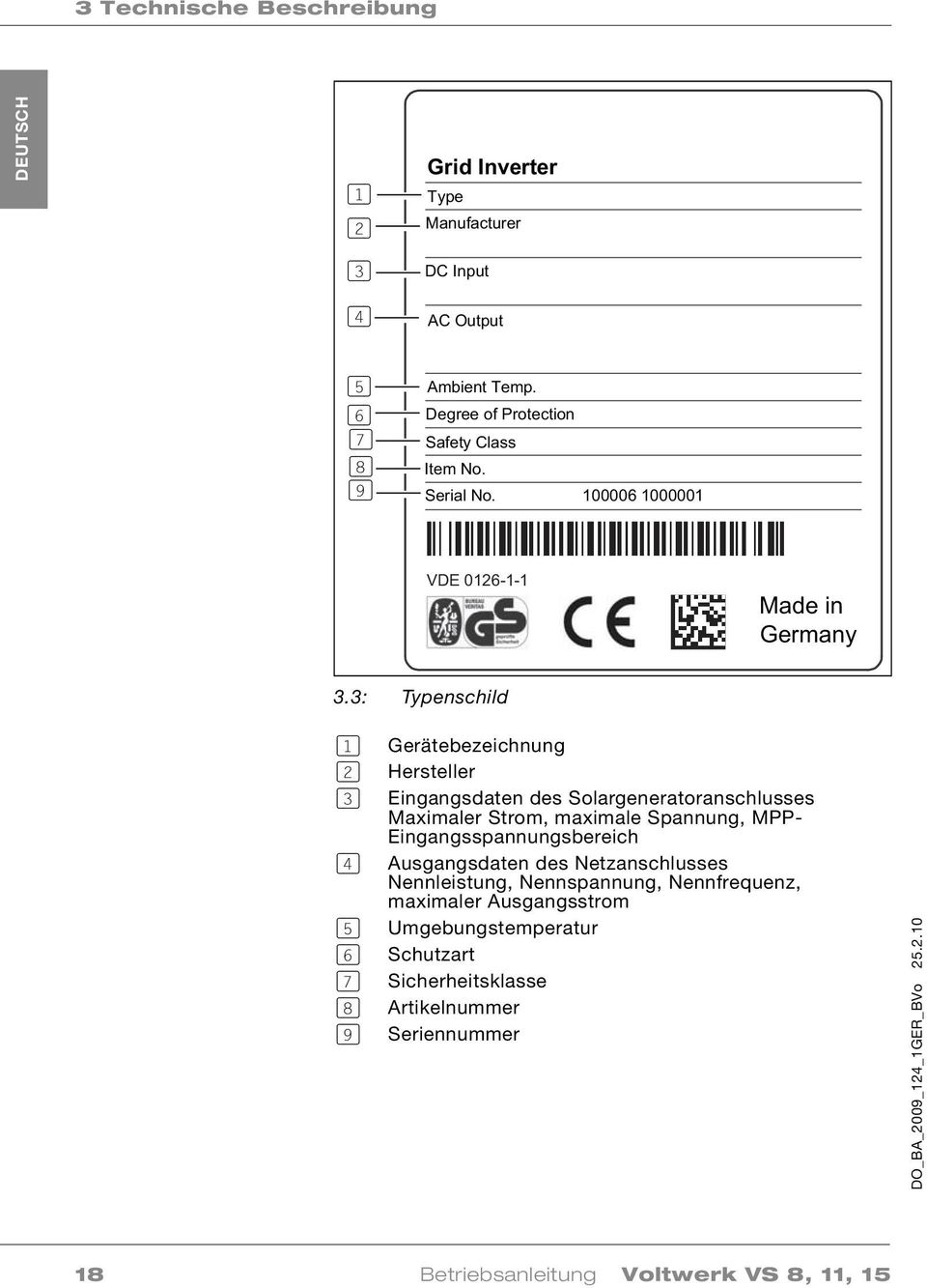 3: Typenschild (1) Gerätebezeichnung (2) Hersteller (3) Eingangsdaten des Solargeneratoranschlusses Maximaler Strom, maximale Spannung, MPP- Eingangsspannungsbereich