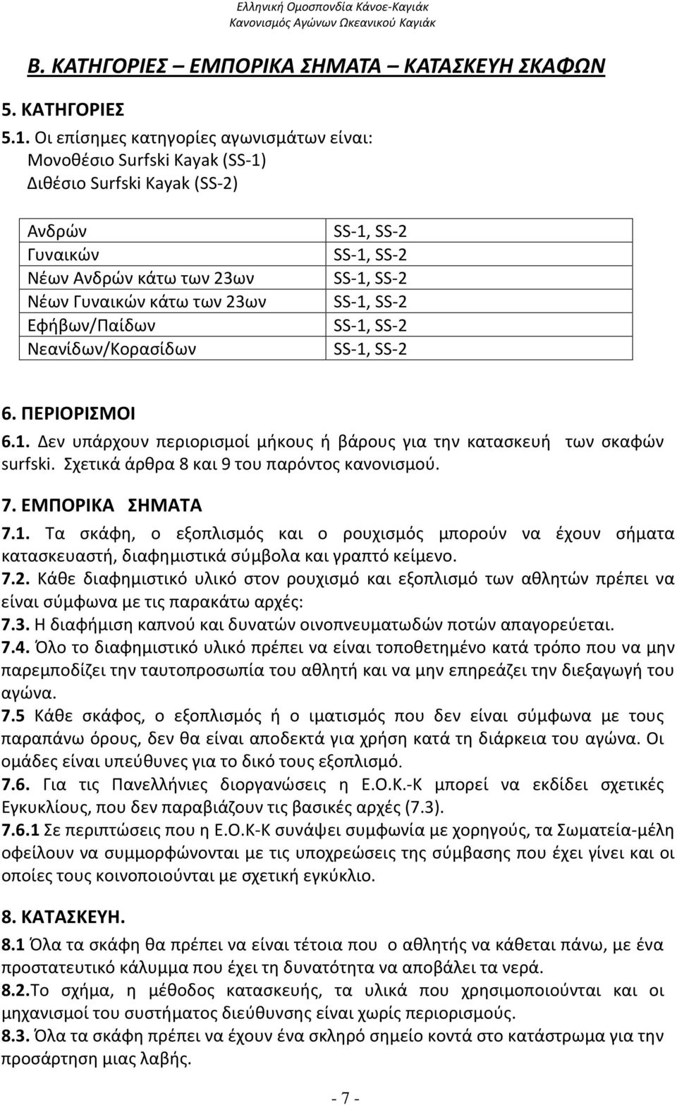 Νεανίδων/Κορασίδων SS-1, SS-2 SS-1, SS-2 SS-1, SS-2 SS-1, SS-2 SS-1, SS-2 SS-1, SS-2 6. ΠΕΡΙΟΡΙΣΜΟΙ 6.1. Δεν υπάρχουν περιορισμοί μήκους ή βάρους για την κατασκευή των σκαφών surfski.