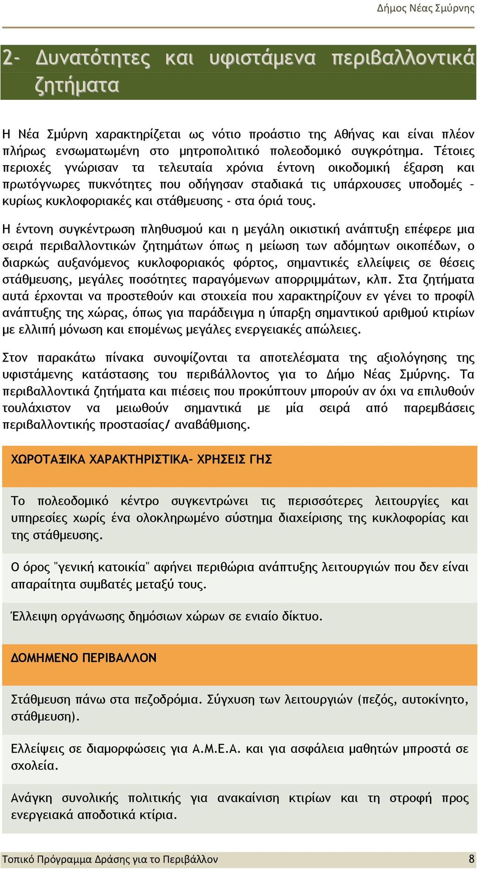 Η έντονη συγκέντρωση πληθυσμού και η μεγάλη οικιστική ανάπτυξη επέφερε μια σειρά περιβαλλοντικών ζητημάτων όπως η μείωση των αδόμητων οικοπέδων, ο διαρκώς αυξανόμενος κυκλοφοριακός φόρτος, σημαντικές