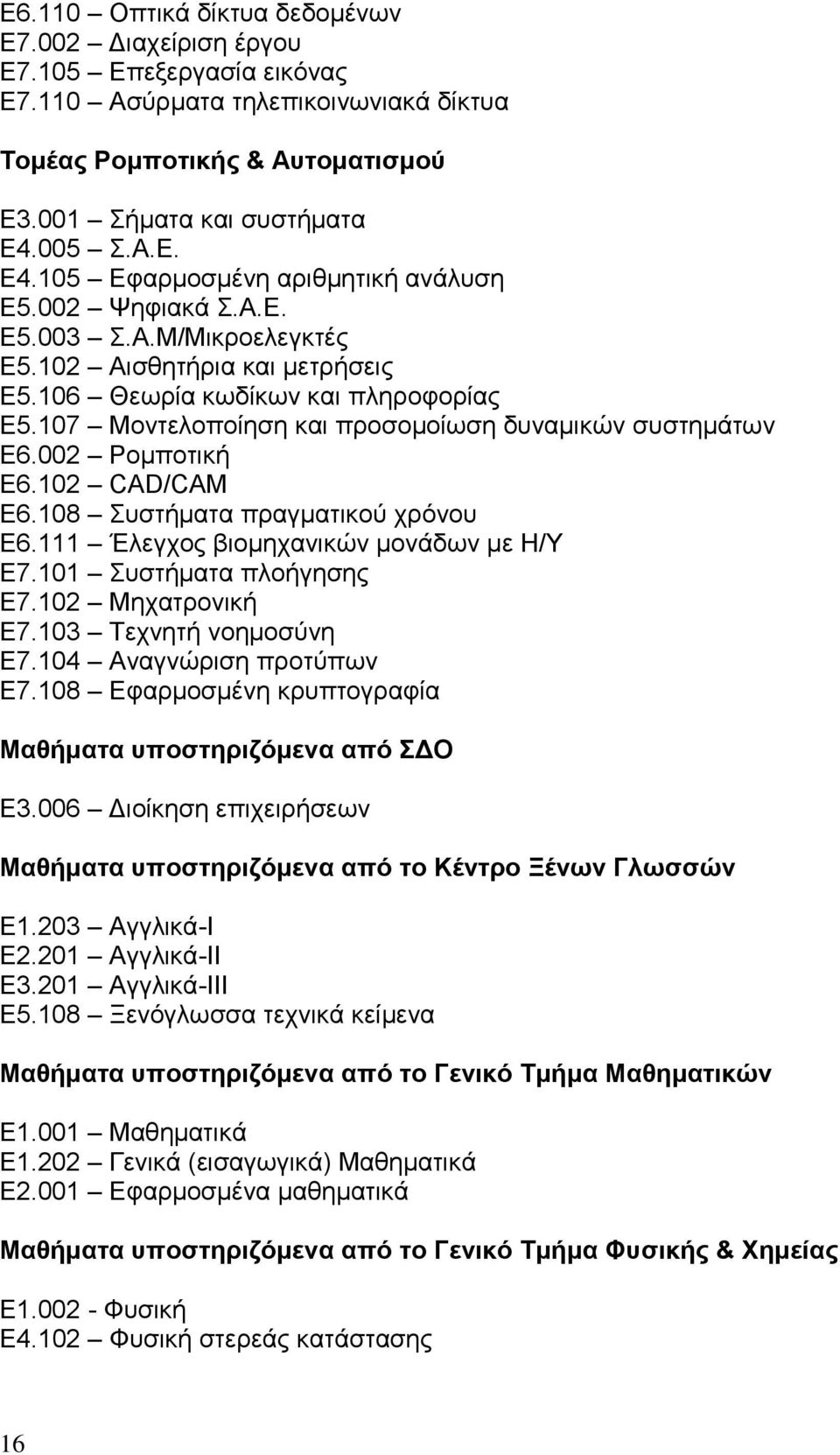 107 Μοντελοποίηση και προσομοίωση δυναμικών συστημάτων Ε6.002 Ρομποτική Ε6.102 CAD/CAM Ε6.108 Συστήματα πραγματικού χρόνου Ε6.111 Έλεγχος βιομηχανικών μονάδων με Η/Υ Ε7.101 Συστήματα πλοήγησης Ε7.